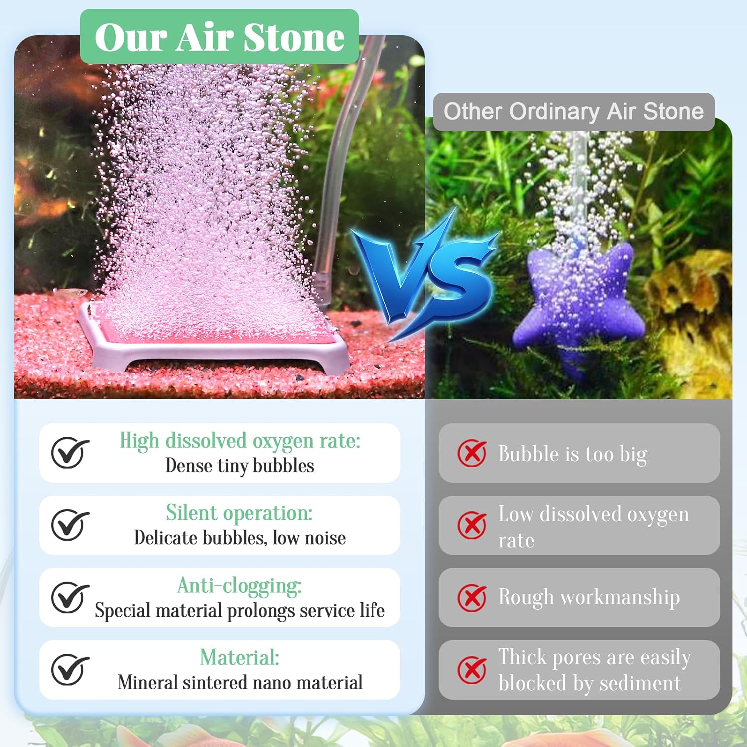 hygger Aquarium Air Stone, 1.65 Inch Nano Air Stone Make Super Tiny Bubble, Ultra Quiet Dissolved Oxygen Diffuser Small Airstone with Stainless Steel Base for Aquarium, Fish Tank & Hydroponic, Square