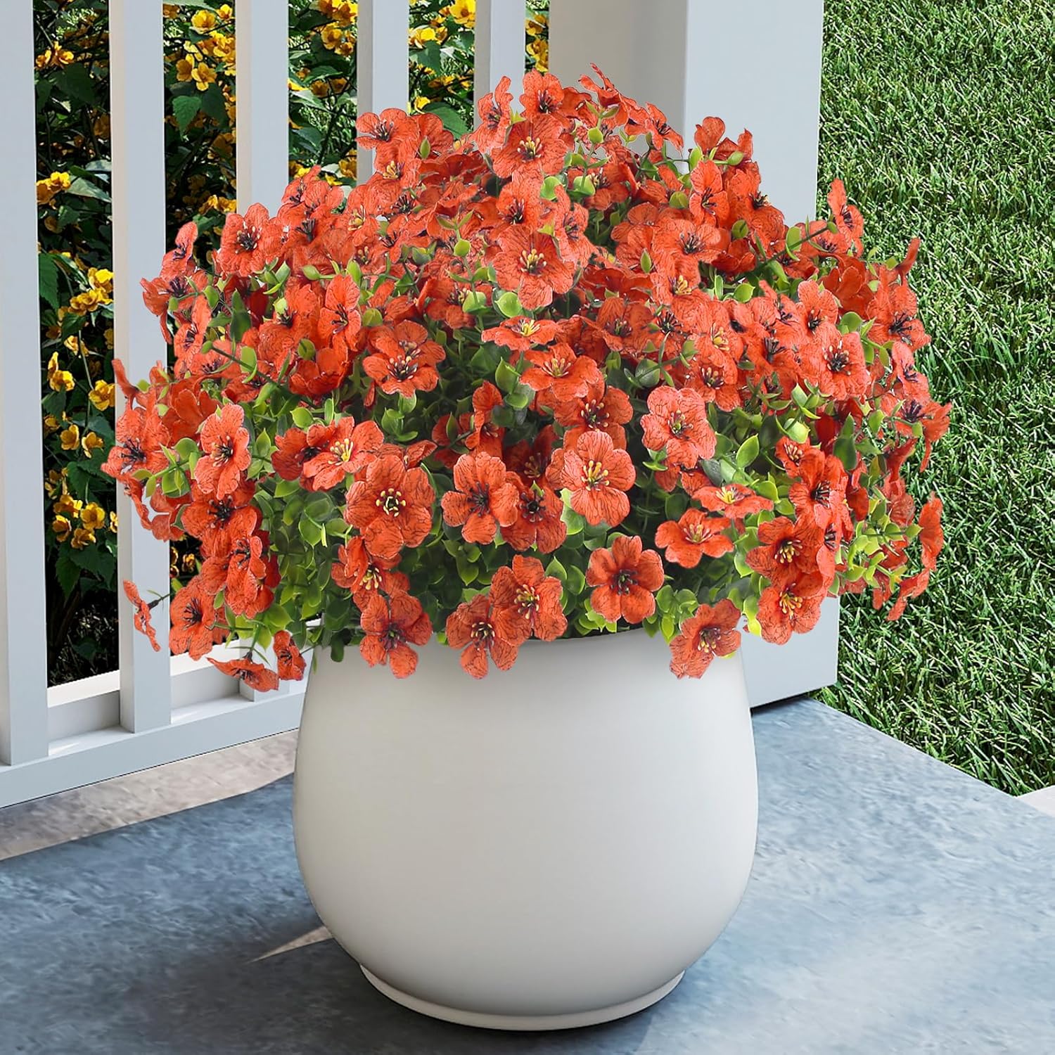 12 Bundles Artificial Fall Flowers Faux Mums with Eucalyptus, Faux UV Resistant Outdoor Decor -Fake Flowers for Front Door Planter, Thanksgiving, Christmas - Spring, Summer, Fall, All Seasons(Orange)