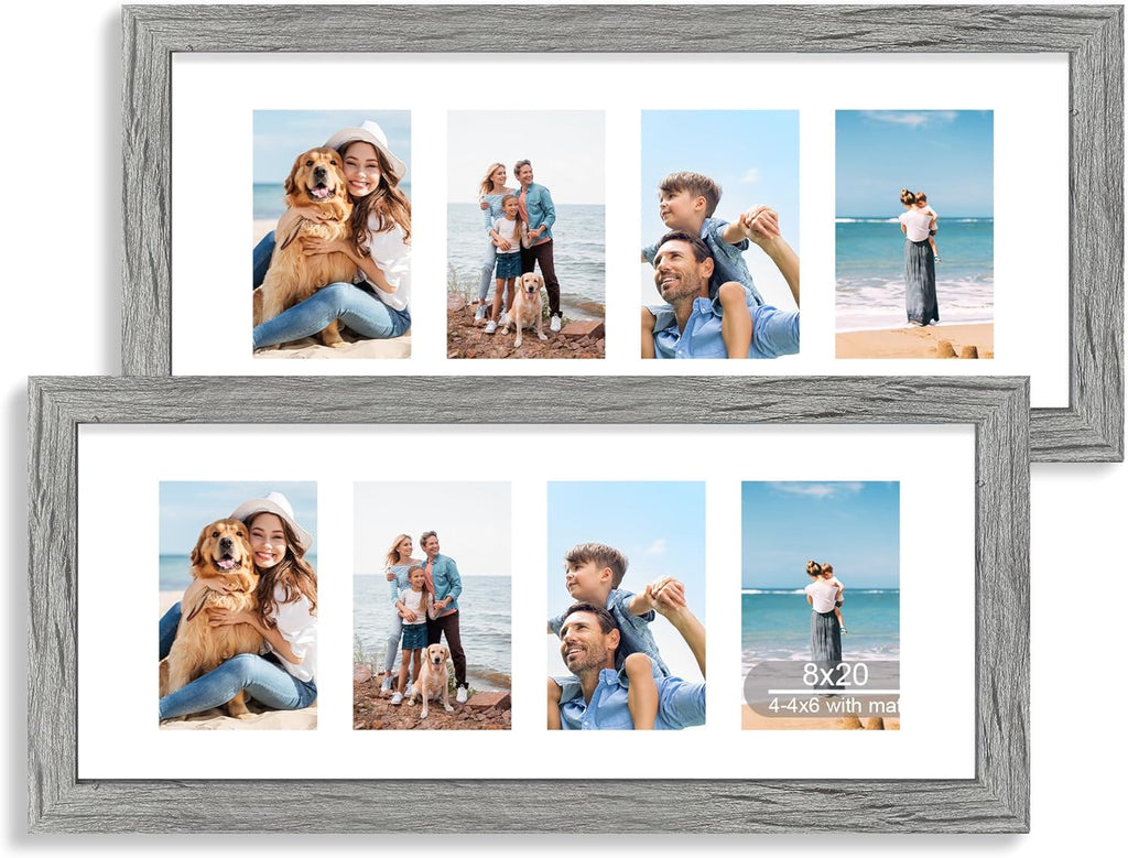 8x20 Picture Frame Set of 2, Rustic Gray Wood Frame with Tempered Glass Collage Frame, Display Pictures Four 4x6 With Mat or 8 x 20 Without Mat - Horizontal or Vertical Wall Mounting