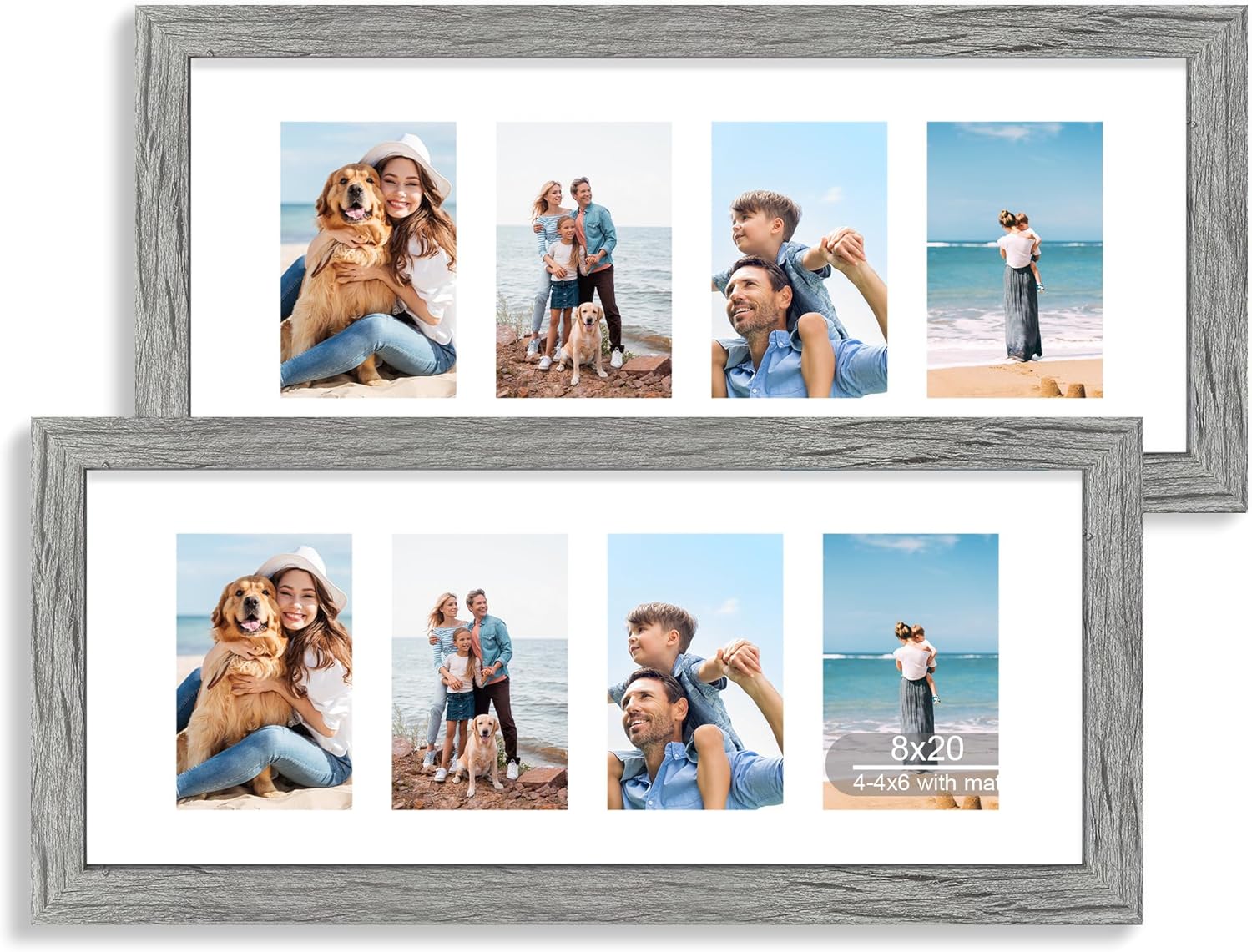 8x20 Picture Frame Set of 2, Rustic Gray Wood Frame with Tempered Glass Collage Frame, Display Pictures Four 4x6 With Mat or 8 x 20 Without Mat - Horizontal or Vertical Wall Mounting