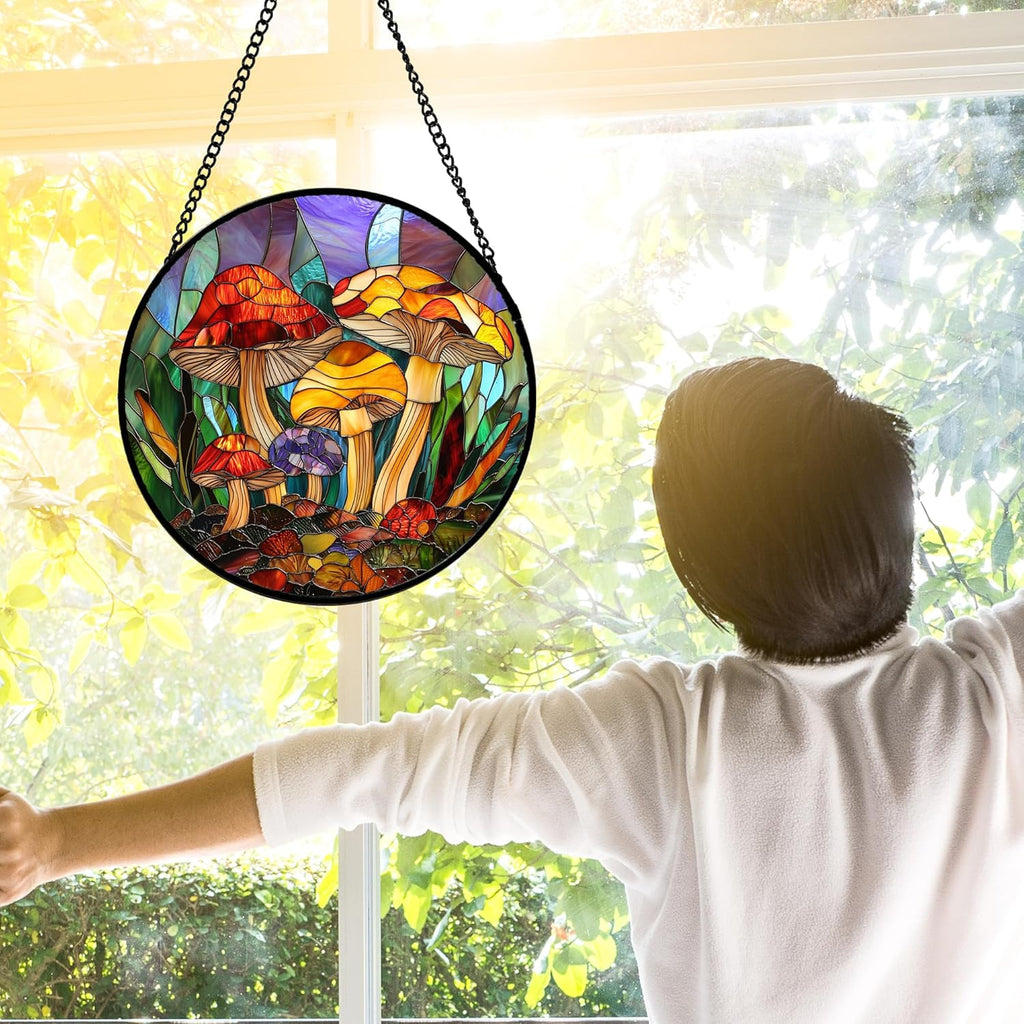 Stained Glass Window Hanging, Jungle Mushrooms Sun Catchers Diamond Glass Panel Hangings Plant Suncatcher Decor for Birthday for Women,Men, Wife, Aunt,and Mom 6.3X6.3 in