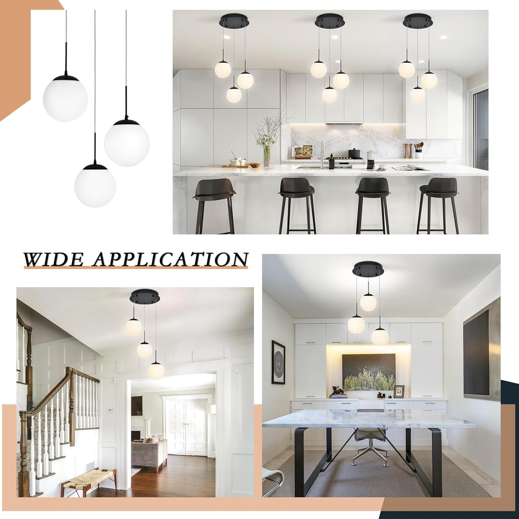 KoKo&Yukina 3 Light Globe Glass Pendant Light Modern Black Globe Chandelier Adjustable Length Pendant Light Fixtures Milky White Glass Ceiling Light for Foyer Hallway