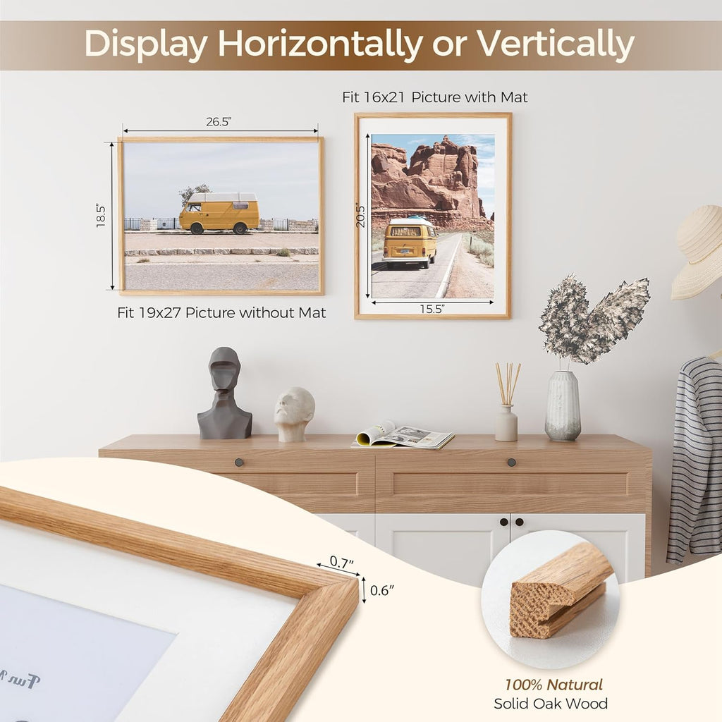 Fun Memories 19x27 Oak Picture Frame for Wall, 19x27 Frame with Matted to 16x21, Solid Wood Picture Frames for Wall Art Photo and Prints (Nature, 1 Pack)