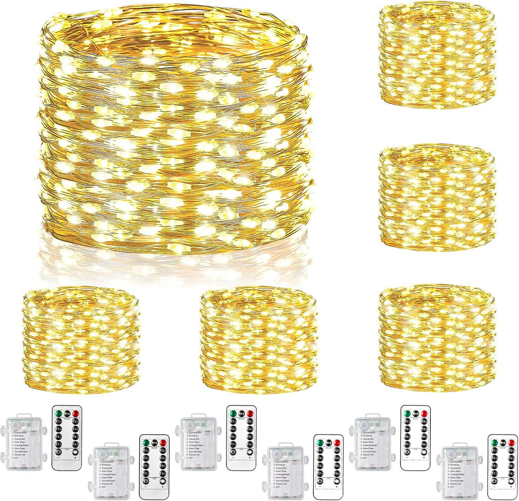 6 Pack Fairy Lights Battery Operated, 33Ft 100 LED Twinkle Lights with Remote and Timer, 8 Modes Waterproof Lighting for DIY Bedroom Wedding Table Centerpieces Christmas