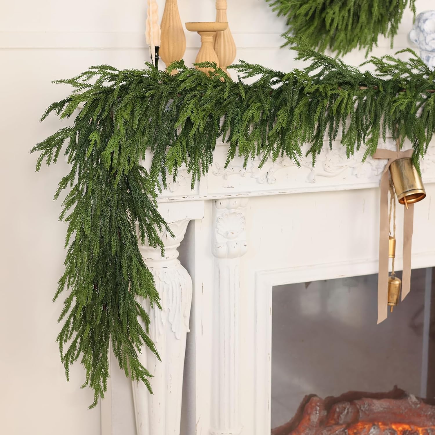 6FT Real Touch Norfolk Pine Garland - Artificial Christmas Garland Fake Green Faux Pine Needles Garland for Table Fireplace Mantle Holiday Home Indoor Outdoor Decor (2PCS)