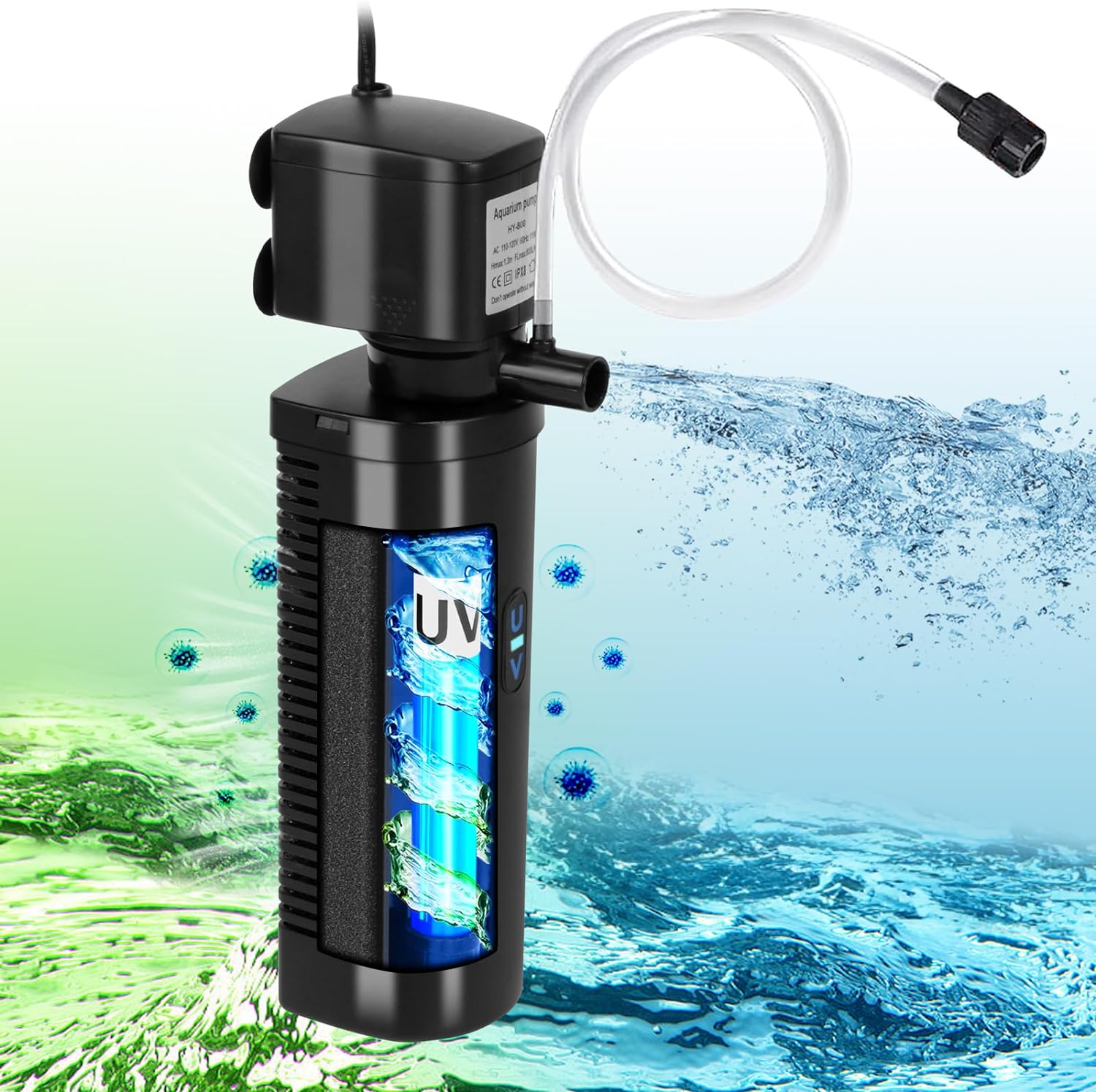 TARARIUM Aquarium Filter U-V for 20-75 Gallon, 200GPH Fish Tank Filter w/ 5W U-V Light Green Clean Machine Submersible Powerful Pump Internal Filter for Turtle Tank Saltwater Freshwater Crystal Clear