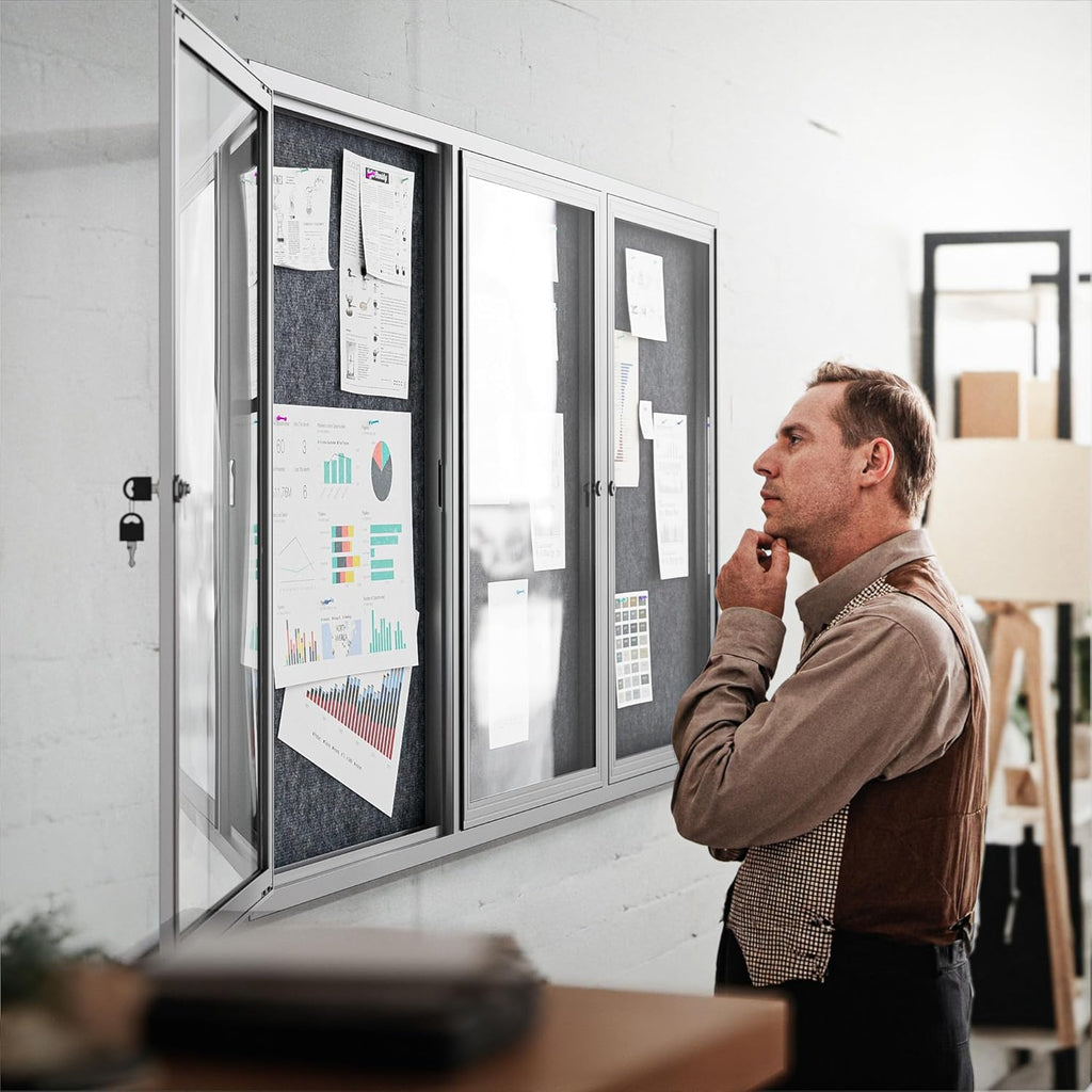 72"x36" Lockable Enclosed Bulletin Board, Outdoor Flet Weather-Resistant Aluminum Frame Notice Board, Wall Mounted Display Case Acrylic Doors for School,Office,Silver Frame w/Grey Flet