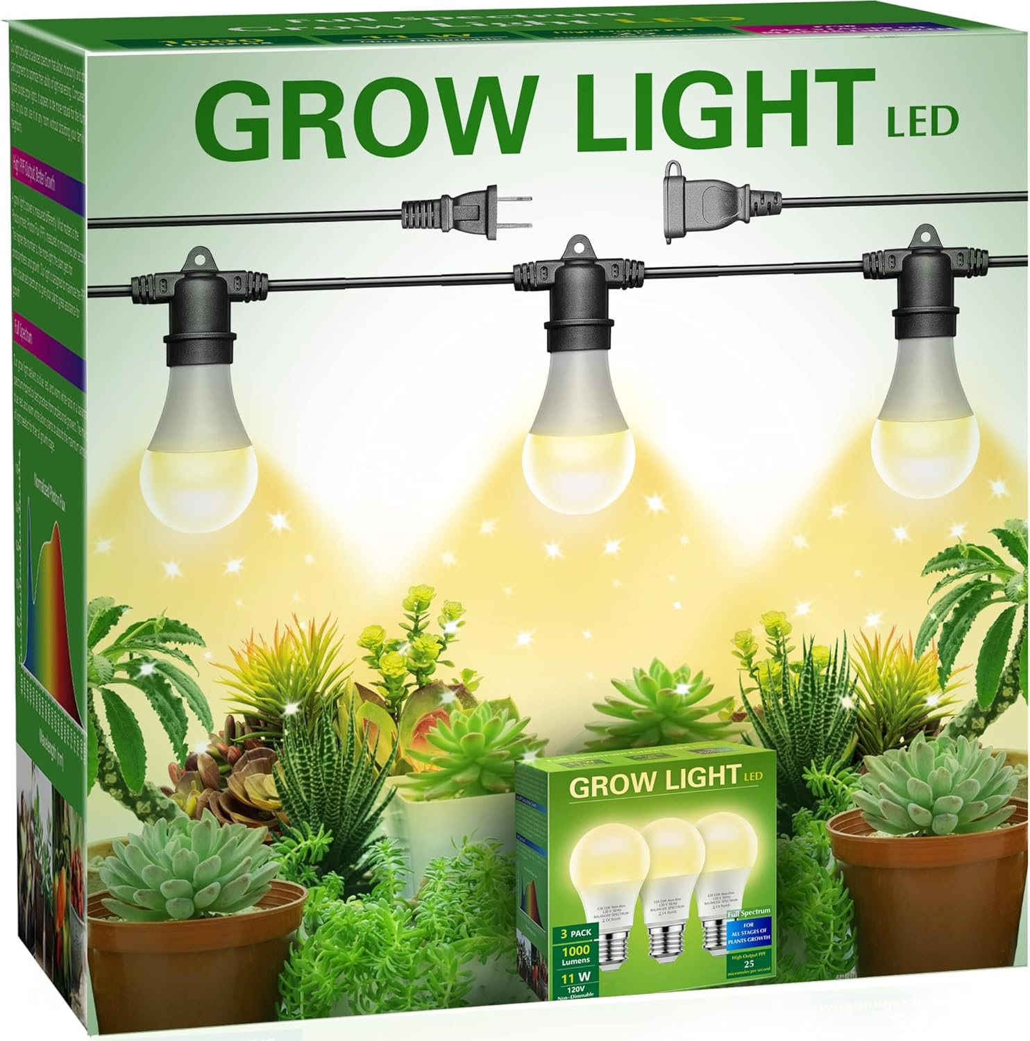 Briignite Hanging Grow Light, 3 LED Full Spectrum Grow Lights with 8.86ft Power Cord, Replaceable Bulbs E26 Base, Linkable Hanging Plant Light, 300W Equivalent