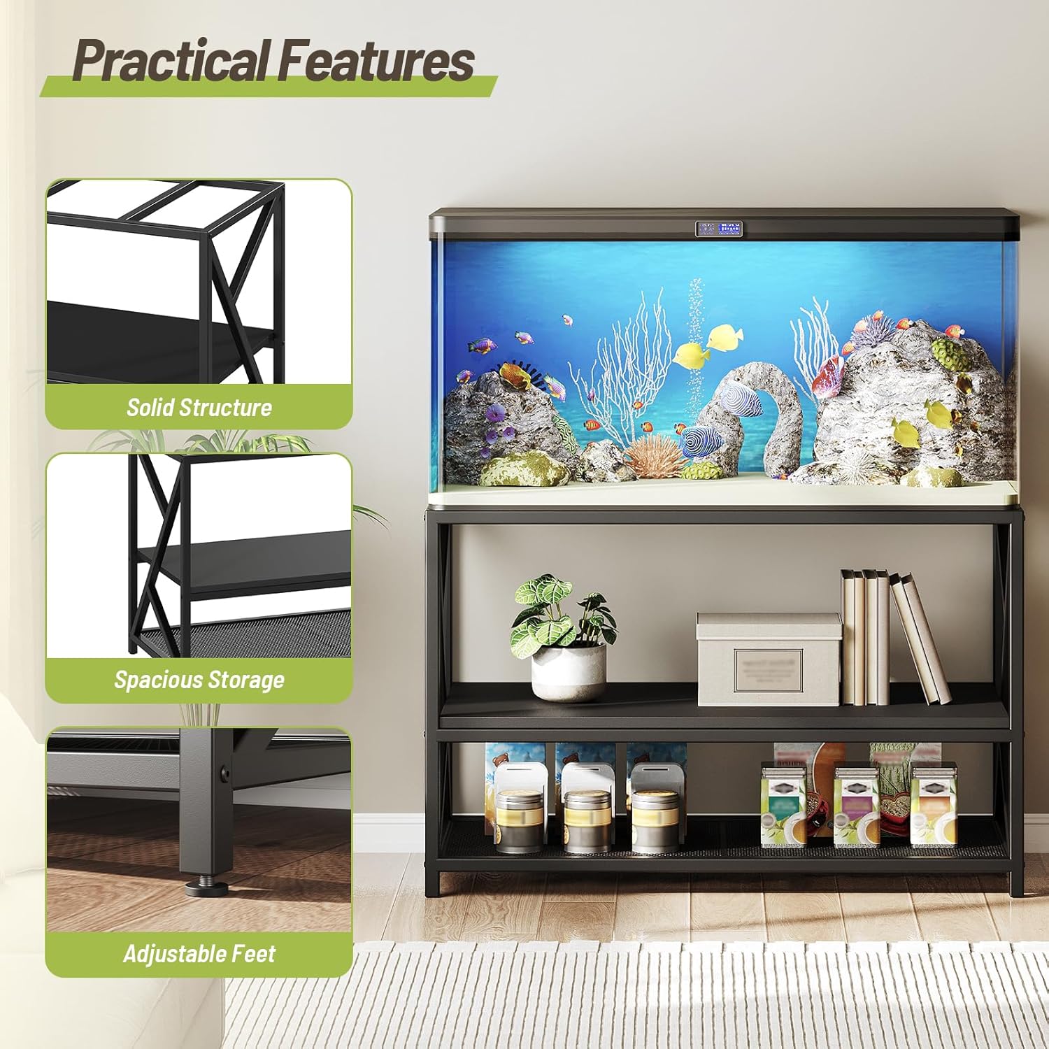 55-75 Gallon Fish Tank Stand with 3-Tier Storage Shelf, Metal Aquarium Stand for Reptile Terrarium Turtle and Breeder Tank Stand, Heavy Duty Metal Frame, Black