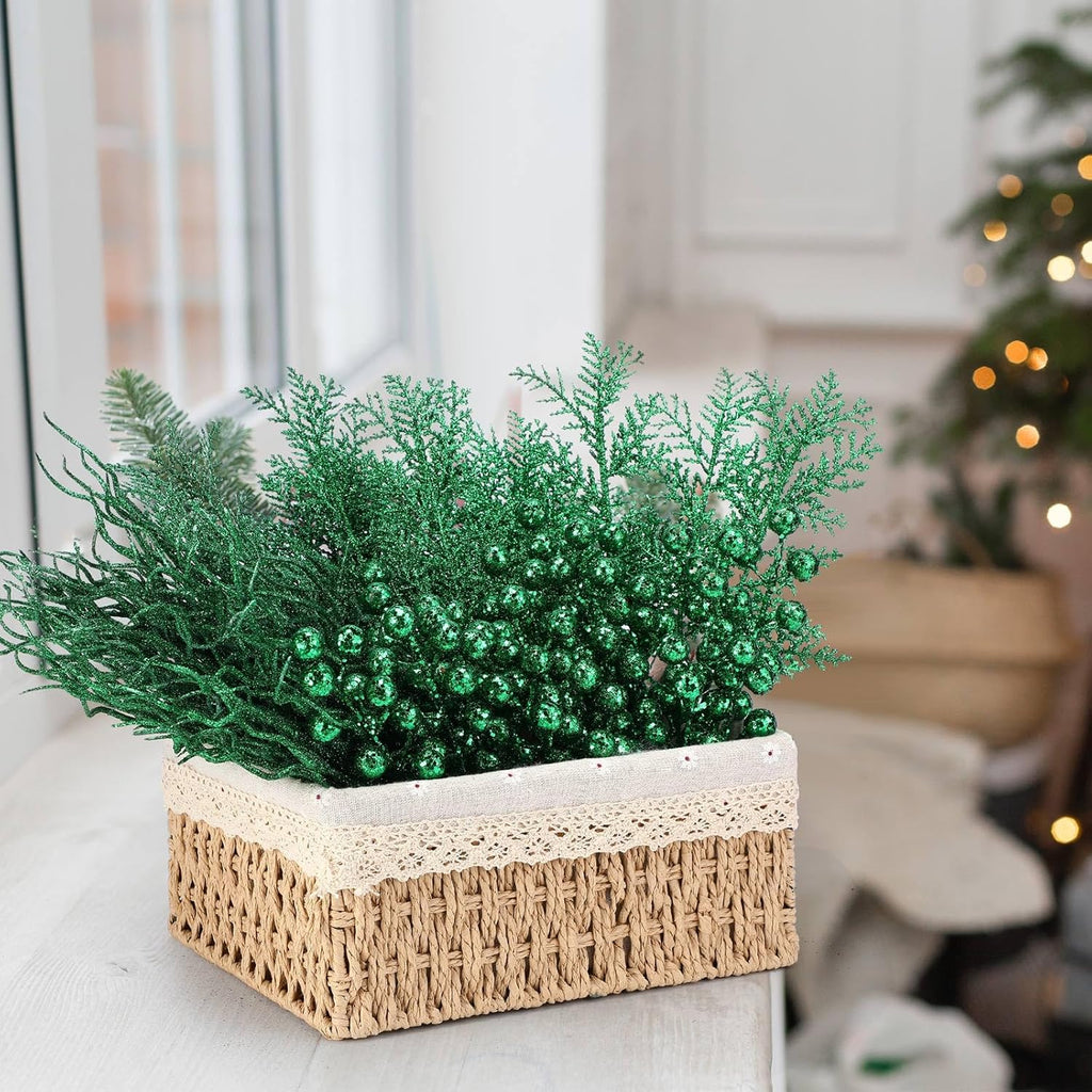 75 Pcs Christmas Glitter Branches 3 Styles Artificial Christmas Picks Berries Stems Pine Needles Floral Twig Spray for Xmas Tree Ornaments DIY Wreath Garland(Green)
