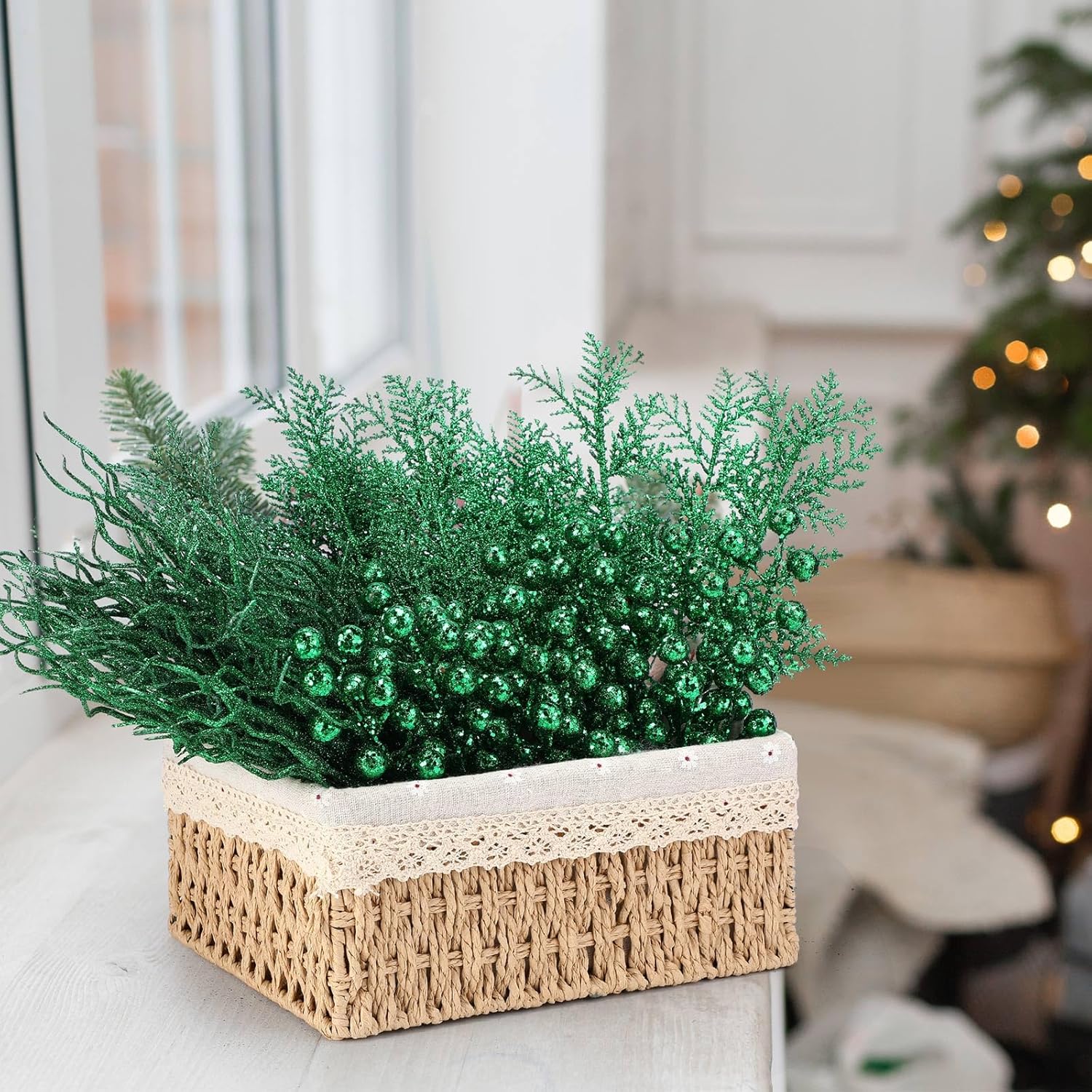 75 Pcs Christmas Glitter Branches 3 Styles Artificial Christmas Picks Berries Stems Pine Needles Floral Twig Spray for Xmas Tree Ornaments DIY Wreath Garland(Green)