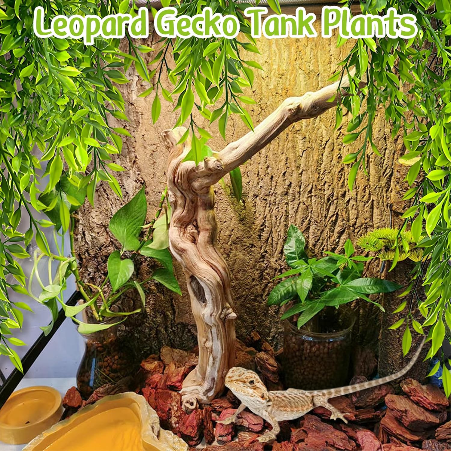 Hamiledyi Tank Habitat Decorations 2 PCS Terrarium Hanging Plants with Suction Cups Reptile Plants Artificial Leaves Reptile Hide for Lizard, Snake, Bearded Dragon, Leopard Gecko, Chameleon