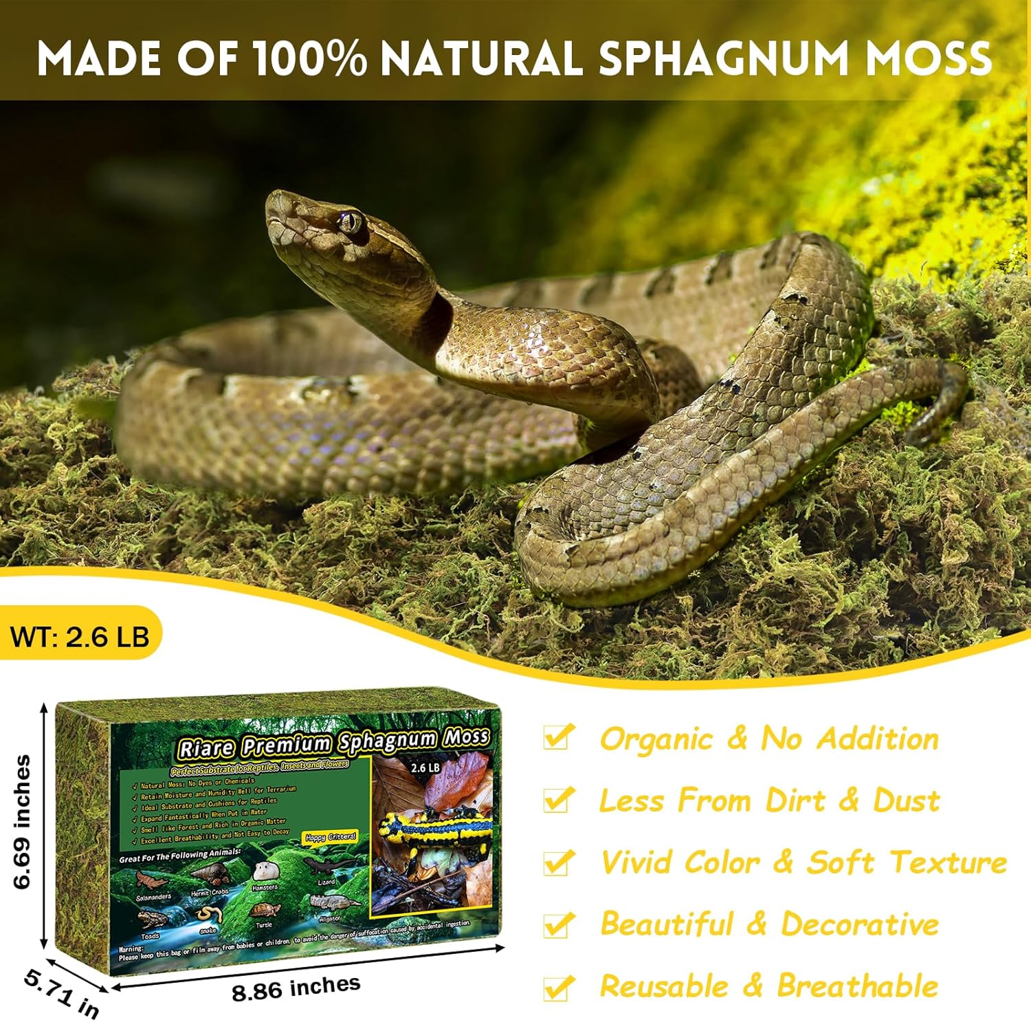 Riare 2.6LB Premium Sphagnum Moss for Reptiles- 100QT Natural Live Moss Reptile Moss Bedding for Terrarium, Hatching, Forest Sphagnum Moss Reptile Substrate for Snakes, Gecko, Turtles, Frogs, Leopard