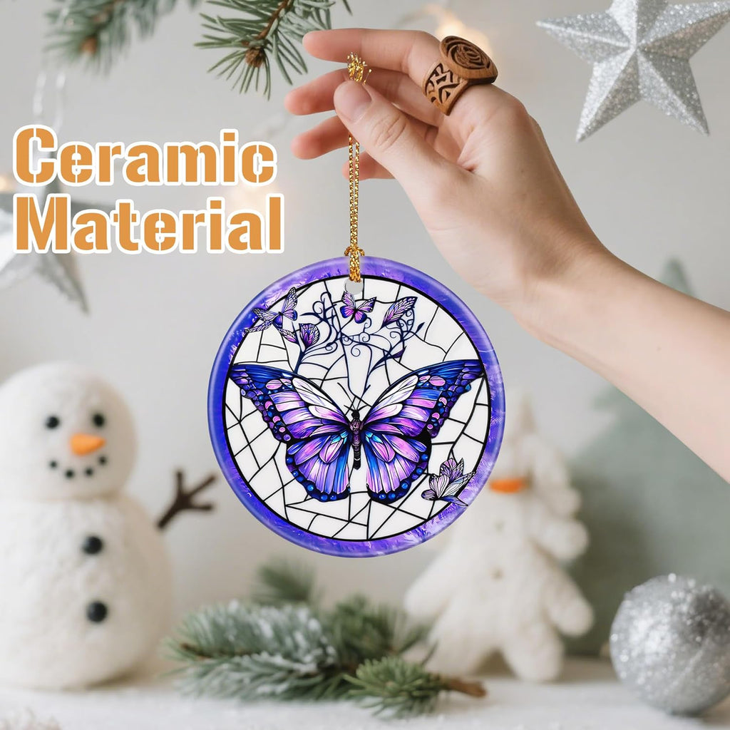 Ceramic-Style Christmas Tree Decorations, Christmas Ornaments, Double-Sided Printed Ornament Keepsakes, Holiday Decor. Xmas Gifts, Gifts for Butterfly Lovers - Butterfly-Themed