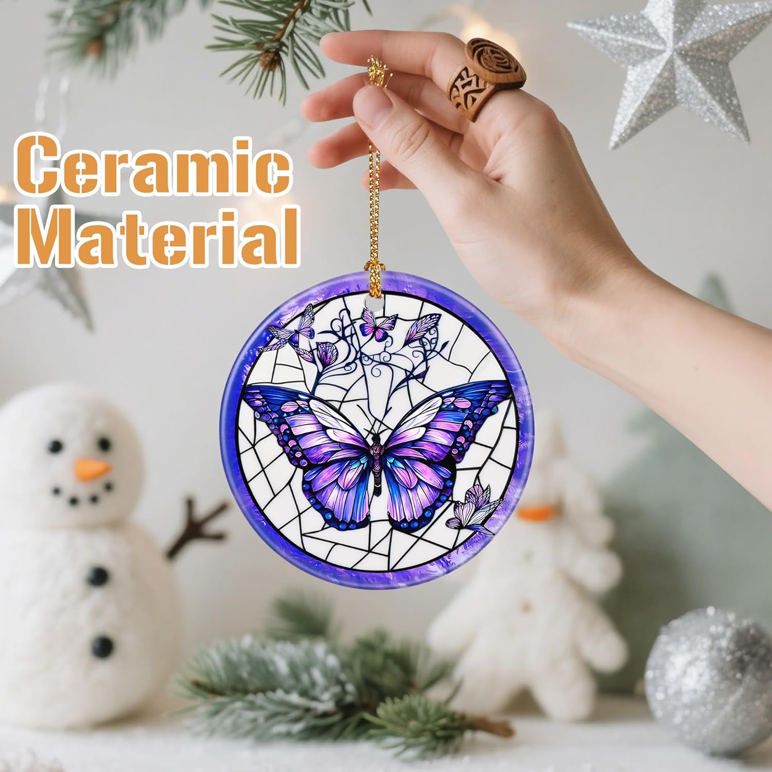 Ceramic-Style Christmas Tree Decorations, Christmas Ornaments, Double-Sided Printed Ornament Keepsakes, Holiday Decor. Xmas Gifts, Gifts for Butterfly Lovers - Butterfly-Themed