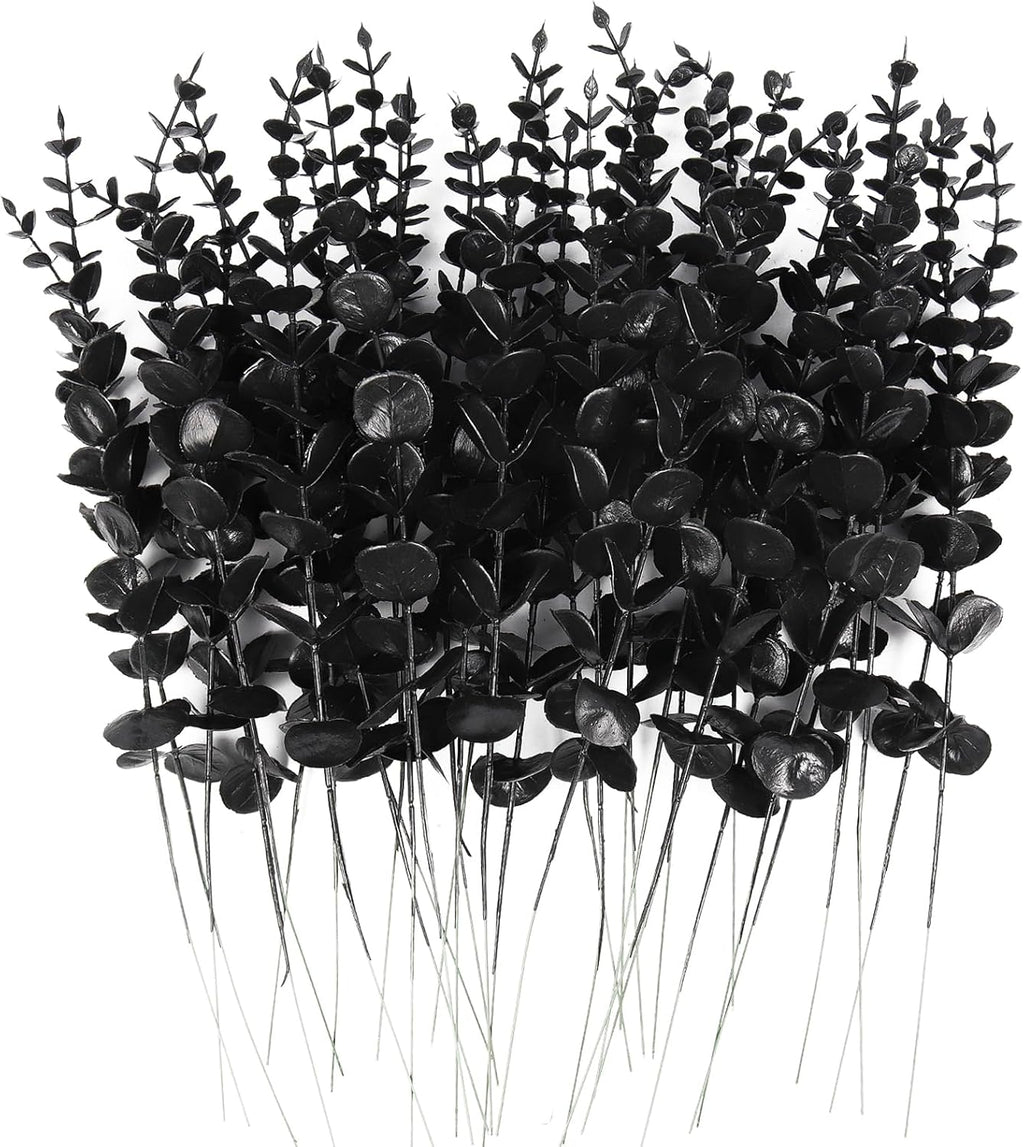 RECUTMS 36Pcs Black Eucalyptus Leaves Stems Artificial Eucalyptuses Leaf Branches for Halloween Picks Autumn Fall Floral Arrangement Wedding Centerpiece Flower Bouquet Home Office Decoration