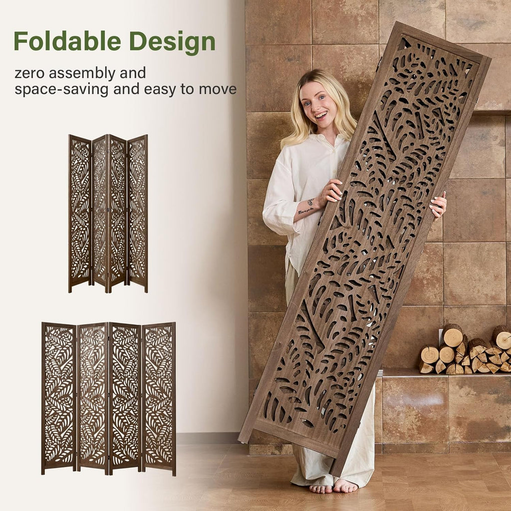 Leaf-Carved Room Divider Privacy Screen - 67 Inch Tall Foading Decorative Wood Screen Dividers Panel for Home - Natural Wood Room Partitions for Enhanced Privacy and Style Brown 4 Panel