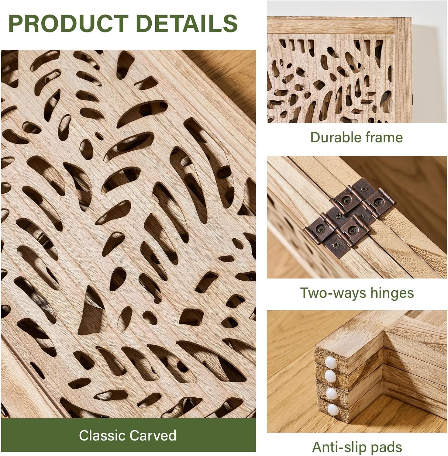 Leaf-Carved Room Divider Privacy Screen - 67 Inch Tall Foading Decorative Wood Screen Dividers Panel for Home - Natural Wood Room Partitions for Enhanced Privacy and Style Natural 4 Paned
