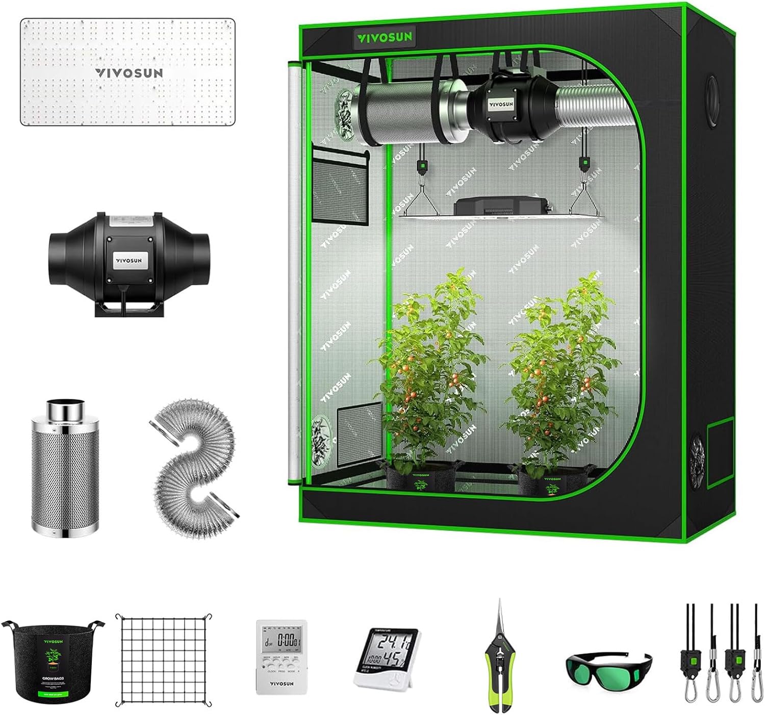 VIVOSUN GIY 2x4 Grow Tent Kit Complete System with 200W LED Grow Light, 4 Inch Inline Fan Package, Temperature Humidity Monitor, Netting, Grow Bags, Pruning Shear & Timer
