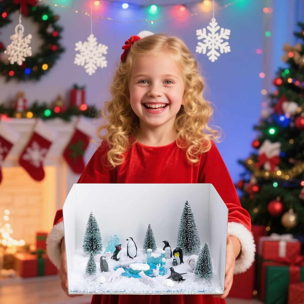 codree 30 Pcs Arctic Animals Habitat Diorama Project Set, Arctic Diorama Box Kit Figurine Toys Model, Polar Bear Penguin Animals Figurines Diorama Supplies for DIY Crafts Gifts School Project