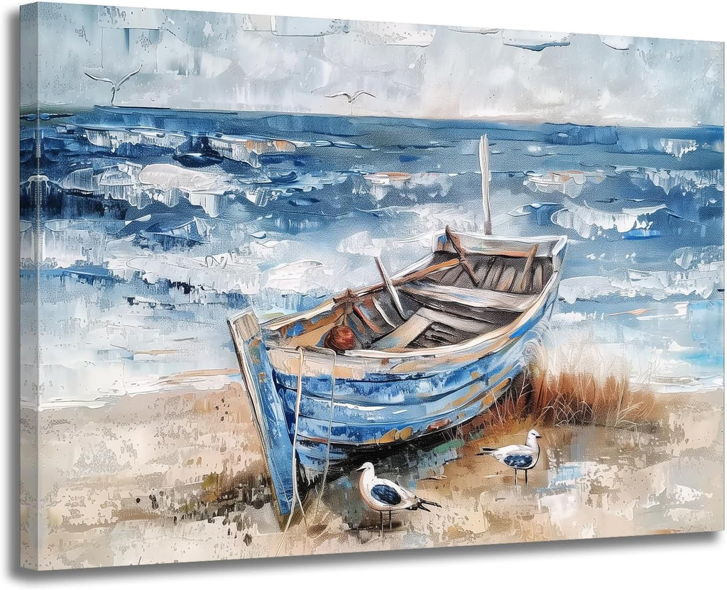 GLOKAKA Coastal Bathroom Wall Art Ocean Sea Bird Canvas Print Nautical Rowboat Blue Teal Rustic Beach Themed Print Artwork Blue Ocean Sea View Painting for Office Restaurant Fireplace Mural Decor