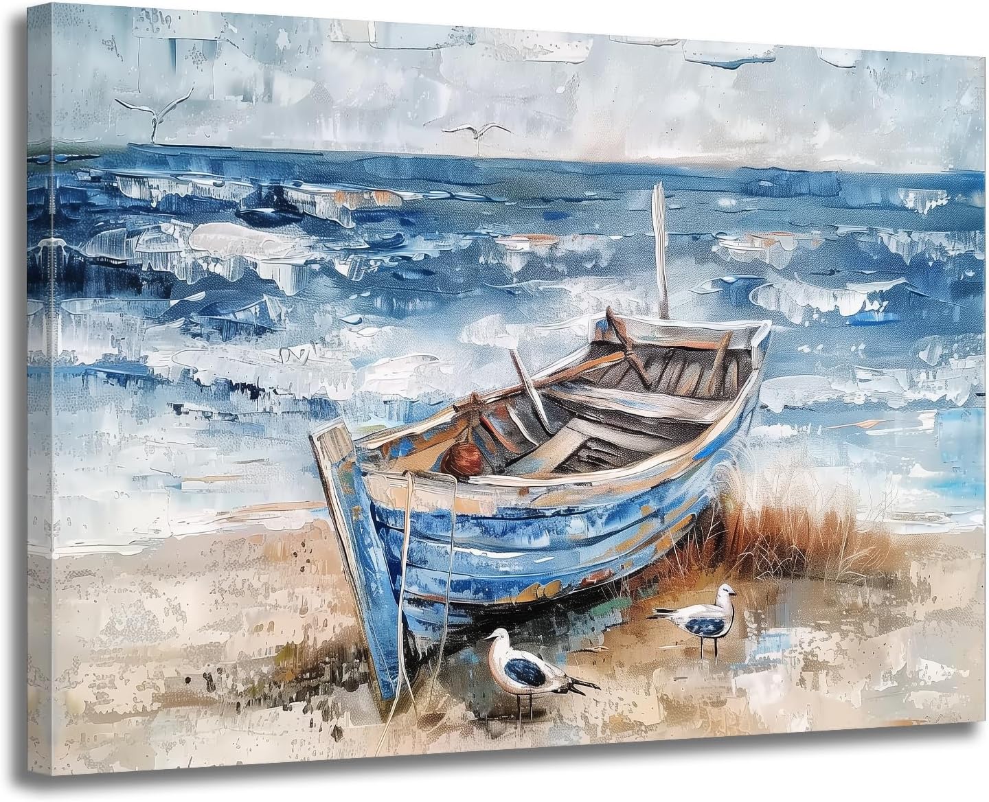 GLOKAKA Coastal Bathroom Wall Art Ocean Sea Bird Canvas Print Nautical Rowboat Blue Teal Rustic Beach Themed Print Artwork Blue Ocean Sea View Painting for Office Restaurant Fireplace Mural Decor
