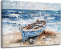 GLOKAKA Coastal Bathroom Wall Art Ocean Sea Bird Canvas Print Nautical Rowboat Blue Teal Rustic Beach Themed Print Artwork Blue Ocean Sea View Painting for Office Restaurant Fireplace Mural Decor