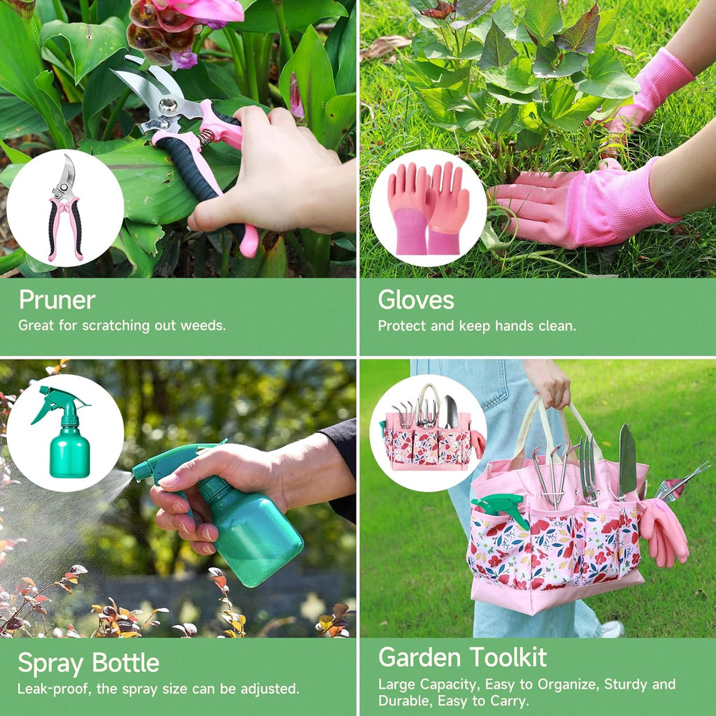 9-Piece Gardening Tools Set - Complete Gardening Kit with Heavy-Duty Stainless Hand Tools, Durable Storage Bag with Garden Accessories, Ideal Gardening Gifts for Women, Men, Gardeners - Pink