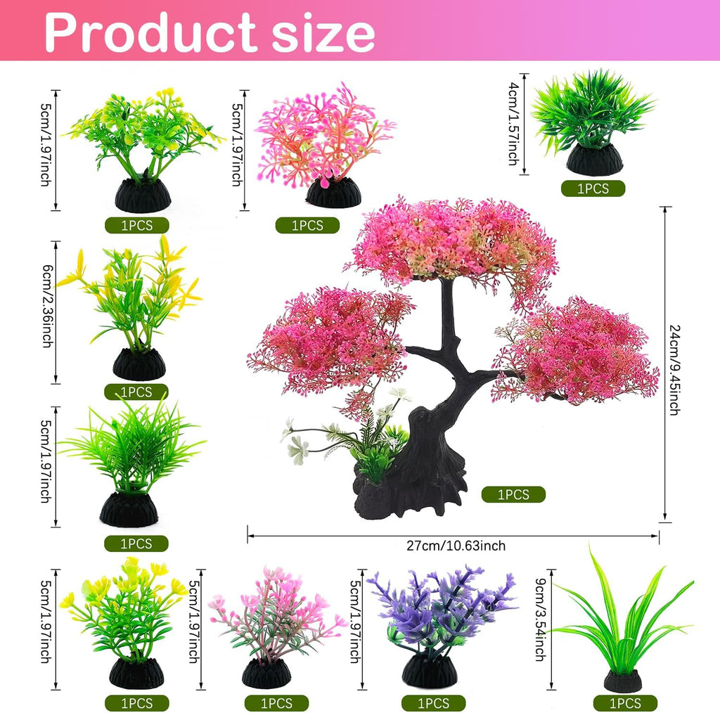 SLOCME Pink Cherry Blossom Tree Aquarium Decor Set – 10 Pcs Artificial Plastic Plants for Fish Tanks, Betta & Goldfish Hiding Accessories, Realistic & Safe Aquarium Decorations (Pink)