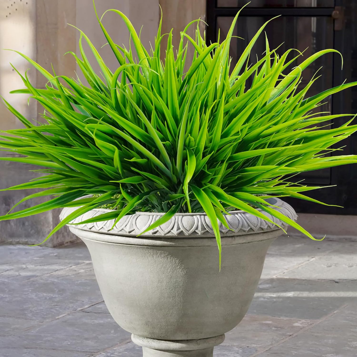 Uieke 12 Bundles Artificial Outdoor Plants UV Resistant Fake Grass Plants Faux Plastic Plants Greenery Shrubs for Home Garden Pathway Window Box Front Porch Spring Summer Decor, Green
