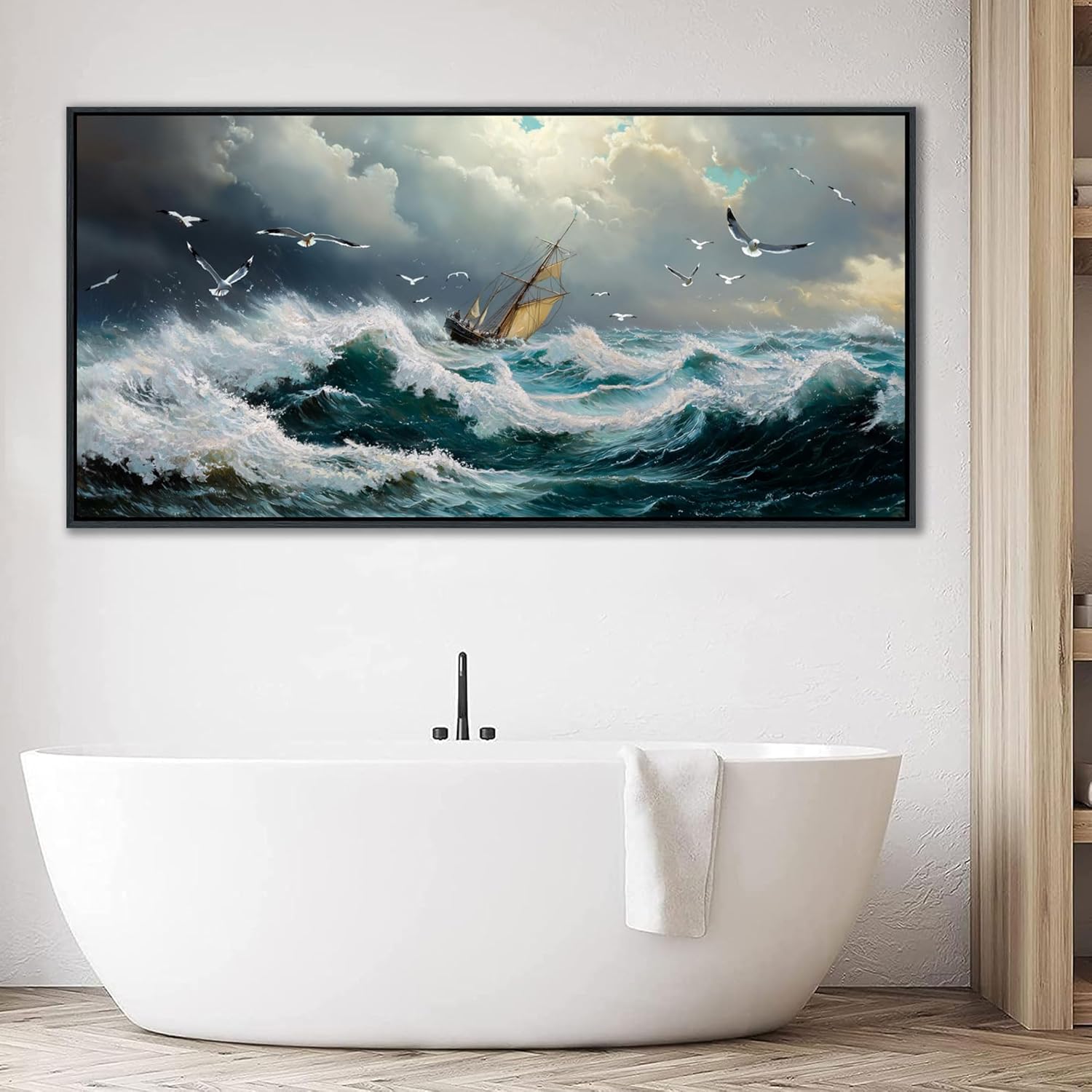 YDYSUNE Ocean Wall Art - Retro Canvas painting Sailboat Wall Decor Textured Picture Artwork Nautical Adventurer Painting Coastal Art Framed for Living Room Bedroom Home 29x58inch