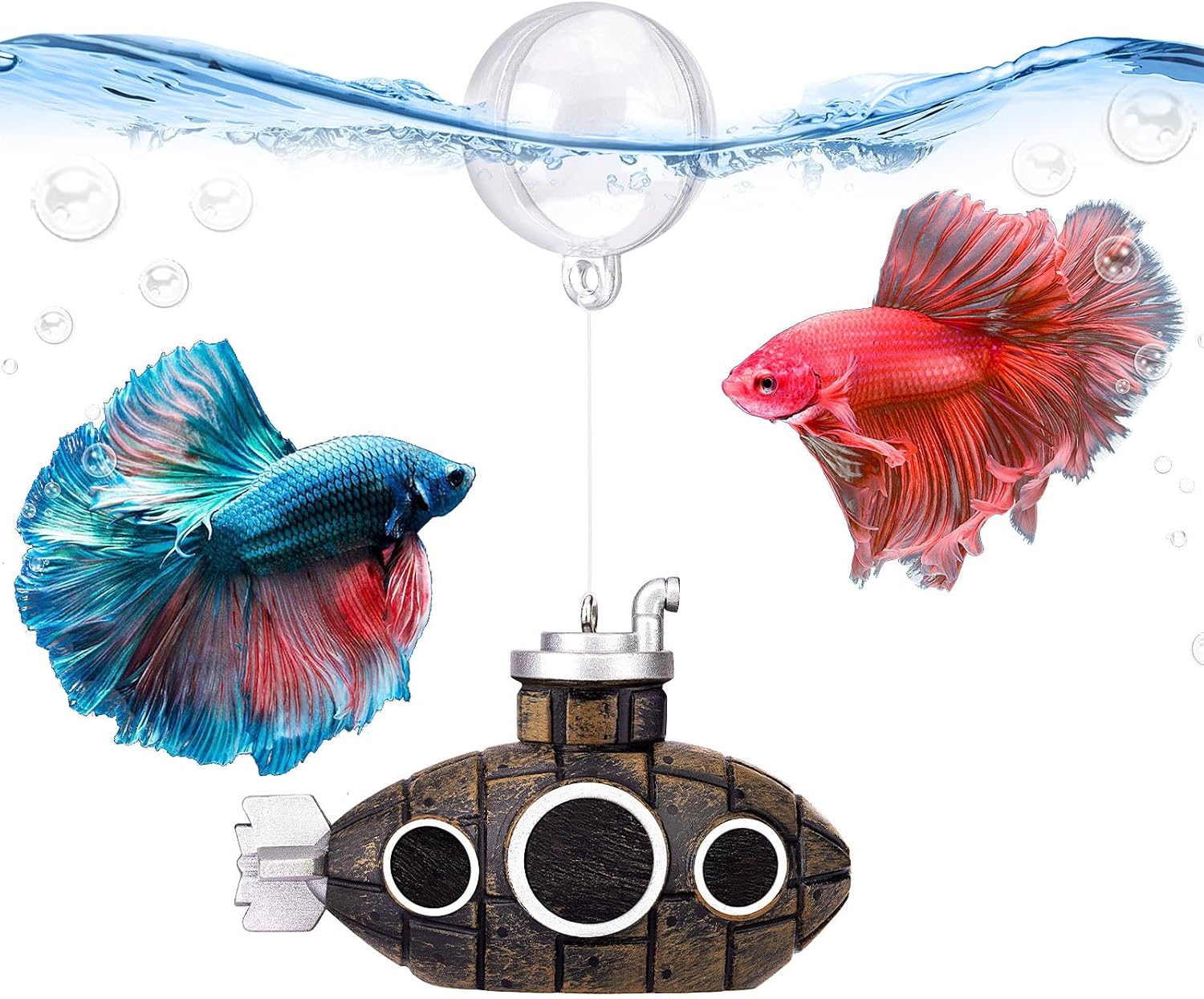 2.1 in Mini Floating Submarine Fish Tank Decoration, Safe Resin Aquarium Decoration for Betta Toys, Cichlid, Goldfish, Shrimps and Hermit Crabs, Cute Retro Underwater Fish Tank Accessories