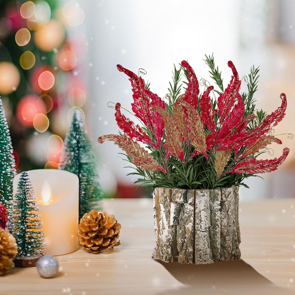 Christmas Artificial Leaves Set of 3 Sparkling 27 Inch Faux Decorative Foliage with Spray Stems Perfect for Holiday Home Decor Festive Party Decorations and Seasonal Celebrations (RedGold)