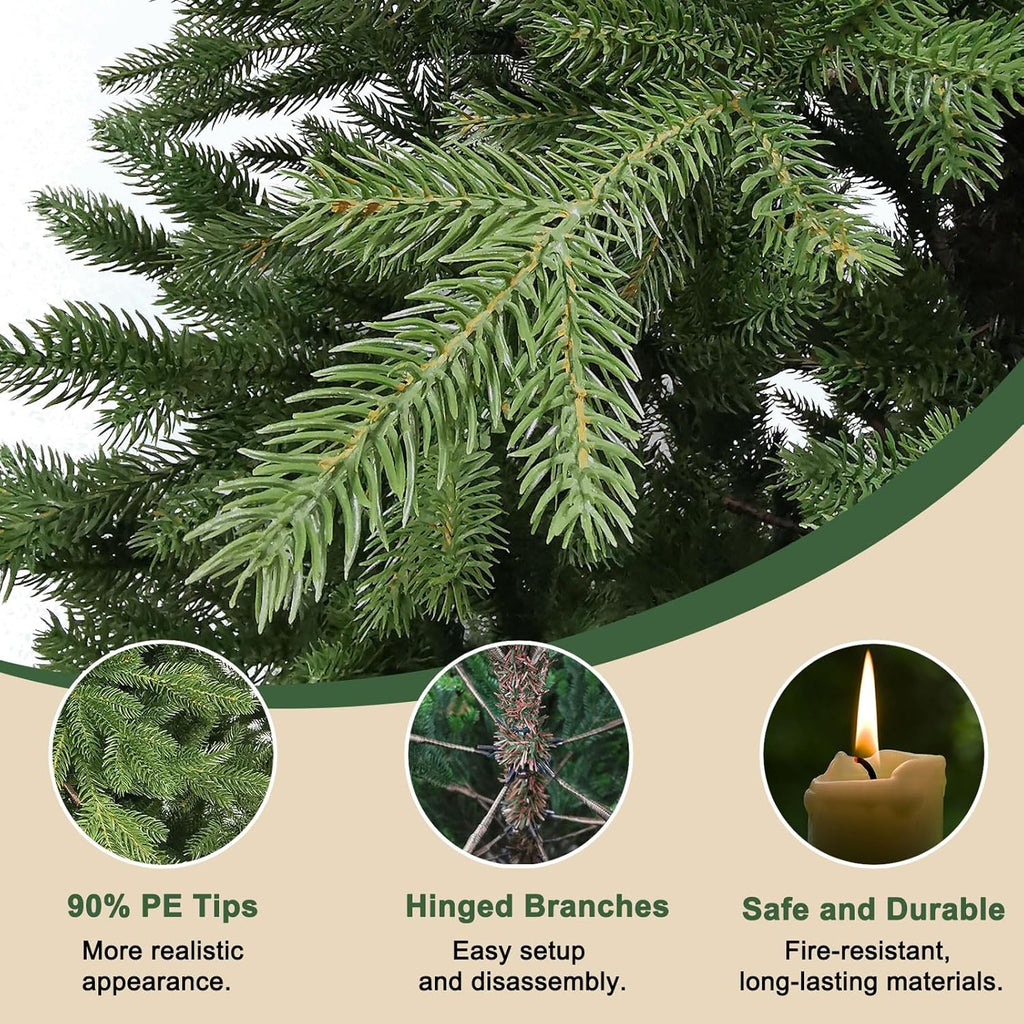 7ft Artificial Christmas Tree with 4369 PE Needles, More Realitic, Unlit Premium Spruce Fake Xmas Trees, Green, Hinged Branches, Foldable Metal Stand