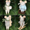 Juegoal Felt Skiing Mice Ornaments Set of 4, Winter Xmas Wool White Mouse Hanging Decor, Felt Animal Crafts Woodland Cute Christmas Tree Wreath Decor for Home Party Supplies