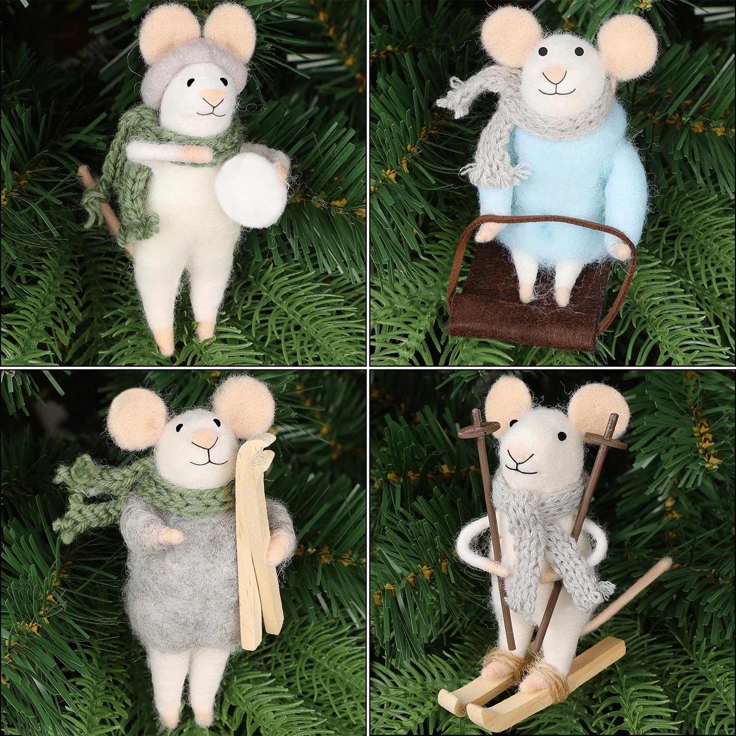 Juegoal Felt Skiing Mice Ornaments Set of 4, Winter Xmas Wool White Mouse Hanging Decor, Felt Animal Crafts Woodland Cute Christmas Tree Wreath Decor for Home Party Supplies