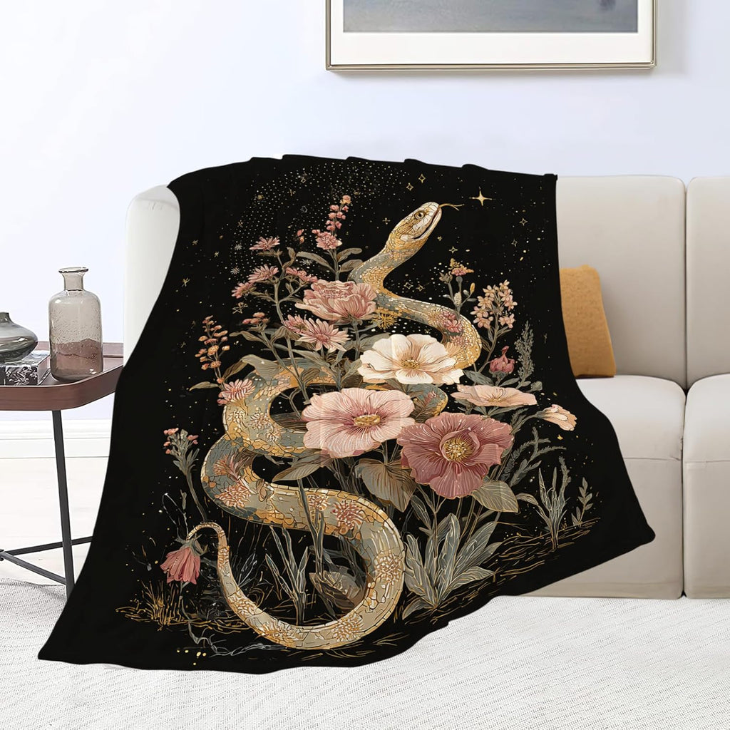 Golden Snake Blanket Fantasy Floral Reptiles Throw Blankets Gifts for Girls Boys Kids Snake Lover Soft Cozy Fleece Plush for Couch Sofa Bed 50"x40"