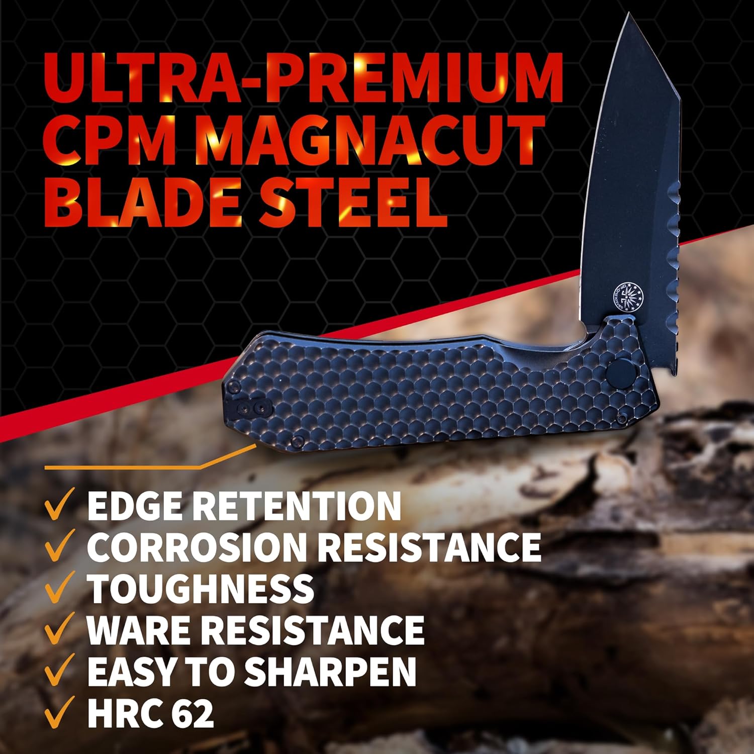 Off-Grid Knives - MAMBA V3, Large EDC Knife with MagnaCut Blade Steel, Titanium Scales and Hardware, Manual Ball Bearing Flipper, Four Finger Grip, Deep Pocket Carry (Blackout)