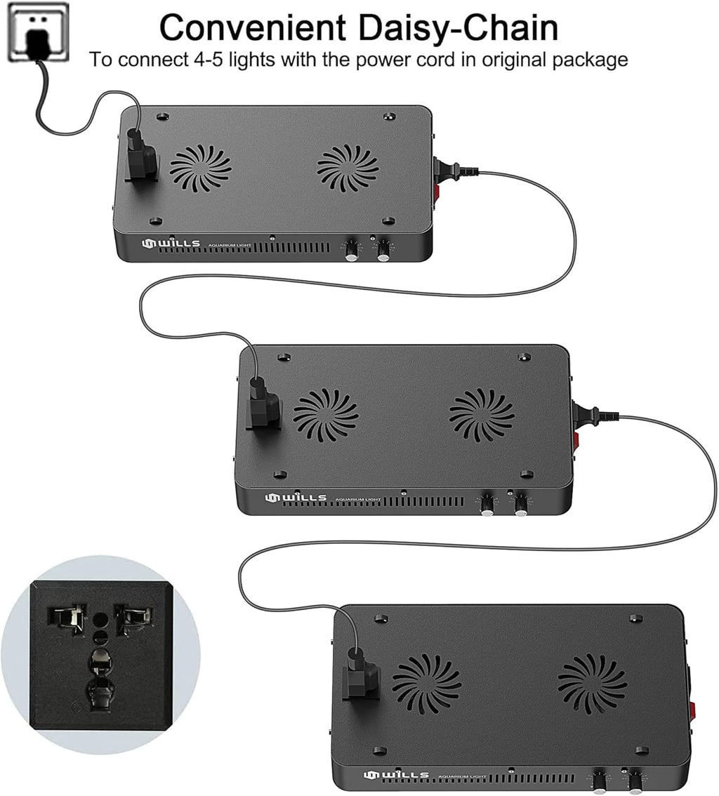 WILLS Aquarium Light, Full Spectrum Reef Lights for Coral with Dual Dimmable Channels, 55 Premium SMD Chips, Daisy Chain Design, Hanging Saltwater Fish Tank Light for SPS/LPS Coral Reef (165W/Black)