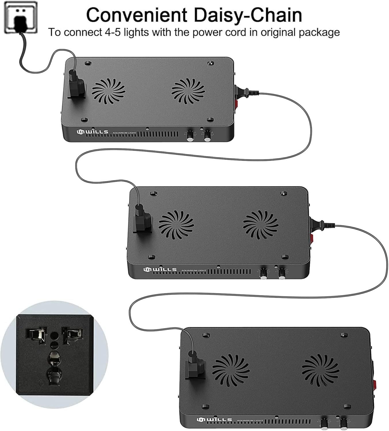 WILLS Aquarium Light, Full Spectrum Reef Lights for Coral with Dual Dimmable Channels, 55 Premium SMD Chips, Daisy Chain Design, Hanging Saltwater Fish Tank Light for SPS/LPS Coral Reef (165W/Black)