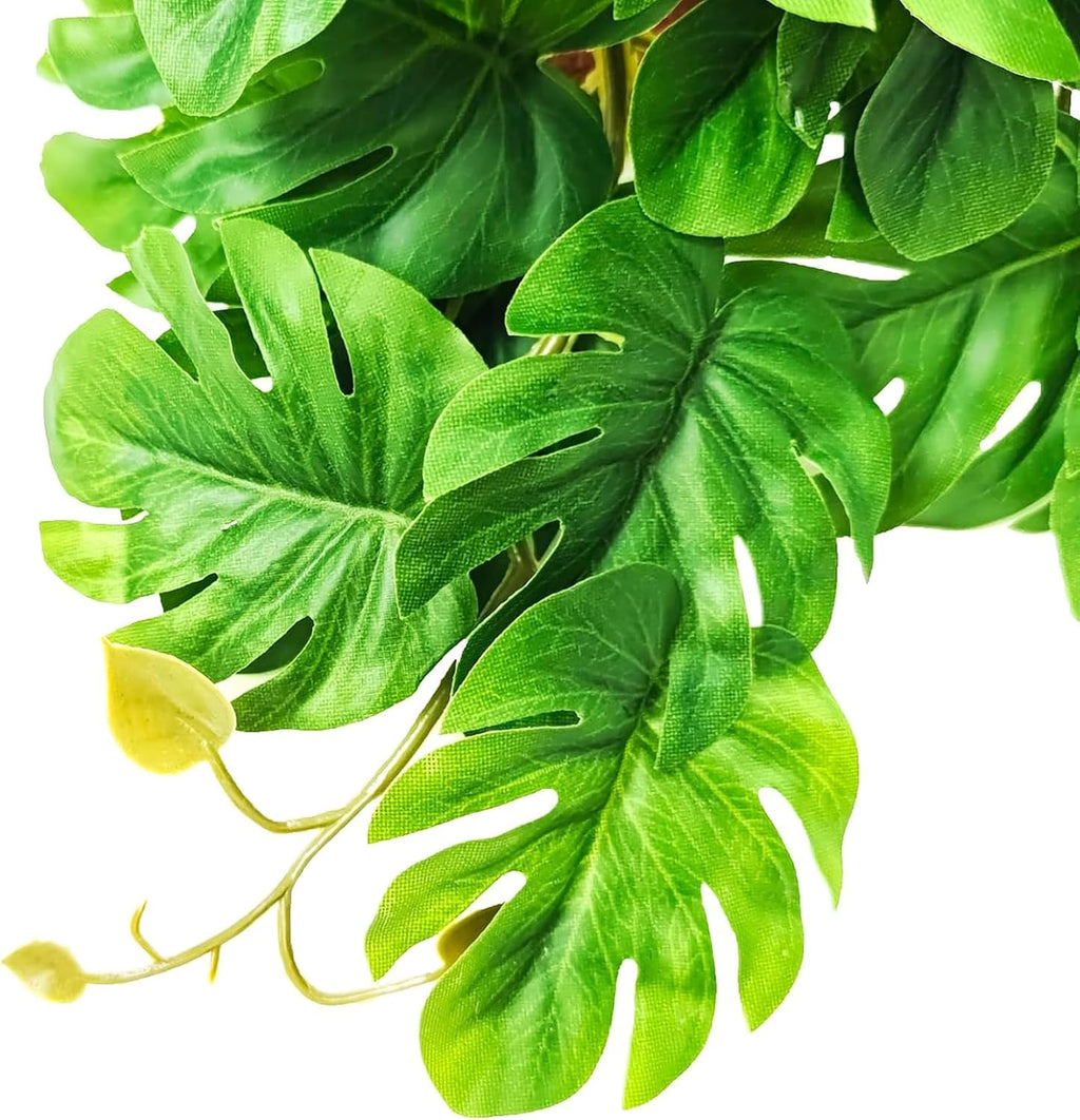Woyrise Reptile Plants for Terrarium, Artificial Hanging Plants with Suction Cups, Amphibian Tank Habitat Decor Plastic Plant for Bearded Dragons Lizards Snake Geckos Frogs - 2Pack Fake Monstera