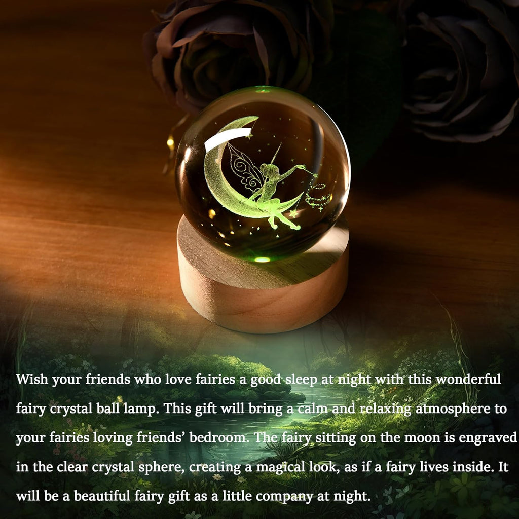 IFOLAINA Moon Fairy Crystal Ball - 3D Laser Engraved Glass Night Light, Decorative Globe, Crystal Moon Sphere - Gifts for Girls, Her, Fairy Lovers