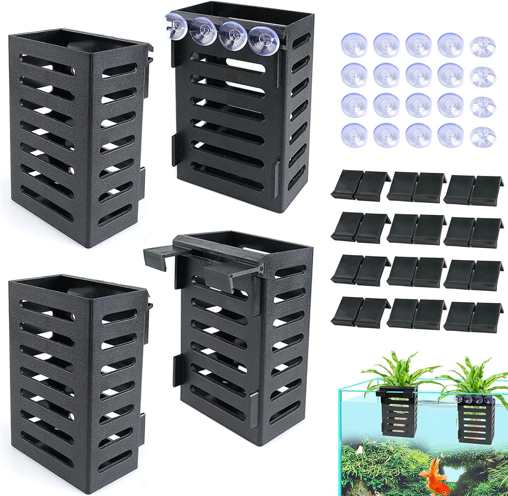 Aquarium Plant Holder 4 PCS Hanging Aquatic Plant Pot with 24 Hooks and 20 Suction Cups for Fish Tank Aquarium Planter and Aquascape Decorations (Black)