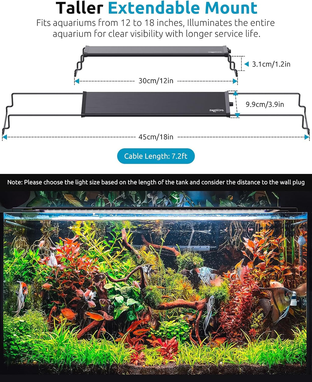 SEAOURA LED Aquarium Light, 24/7 Custom Timer, Power-Off Memory,7-Row LED 12-18in Full Spectrum Fish Tank Light, 8 Colors, 20 Brightness, Day&Night Cycle, Adjustable Mount for Freshwater Plant Growth