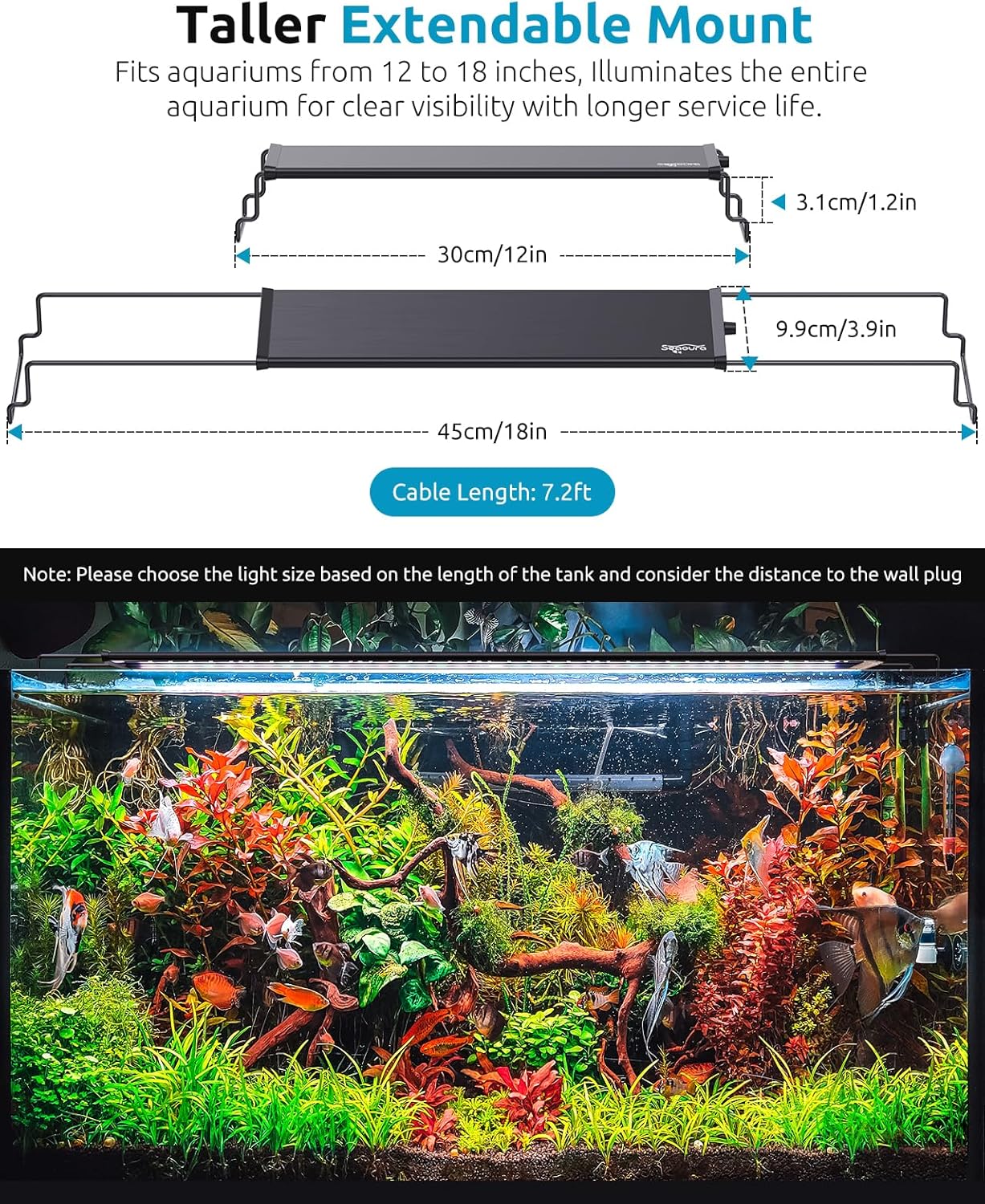 SEAOURA LED Aquarium Light, 24/7 Custom Timer, Power-Off Memory,7-Row LED 12-18in Full Spectrum Fish Tank Light, 8 Colors, 20 Brightness, Day&Night Cycle, Adjustable Mount for Freshwater Plant Growth