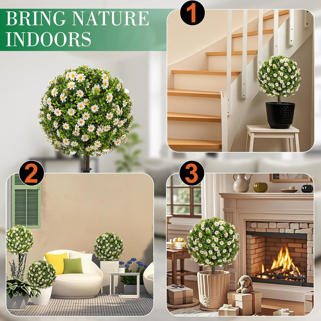 25" Artificial Boxwood Topiary Ball Trees with Daisy Flowers, Set of 2 UV Resistant No Fade Outdoor Faux Plants with Ground Spike, Fake Shrubs for Garden, Patio, Porch, Yard, Indoor Decor