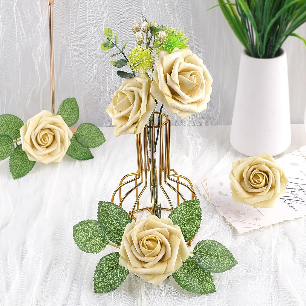 AmyHomie 25pcs Real Looking Artificial Beige Roses w/Stem for DIY Wedding Bouquets Centerpieces Arrangements Party Baby Shower Valentines Day Christmas Tree Decorations
