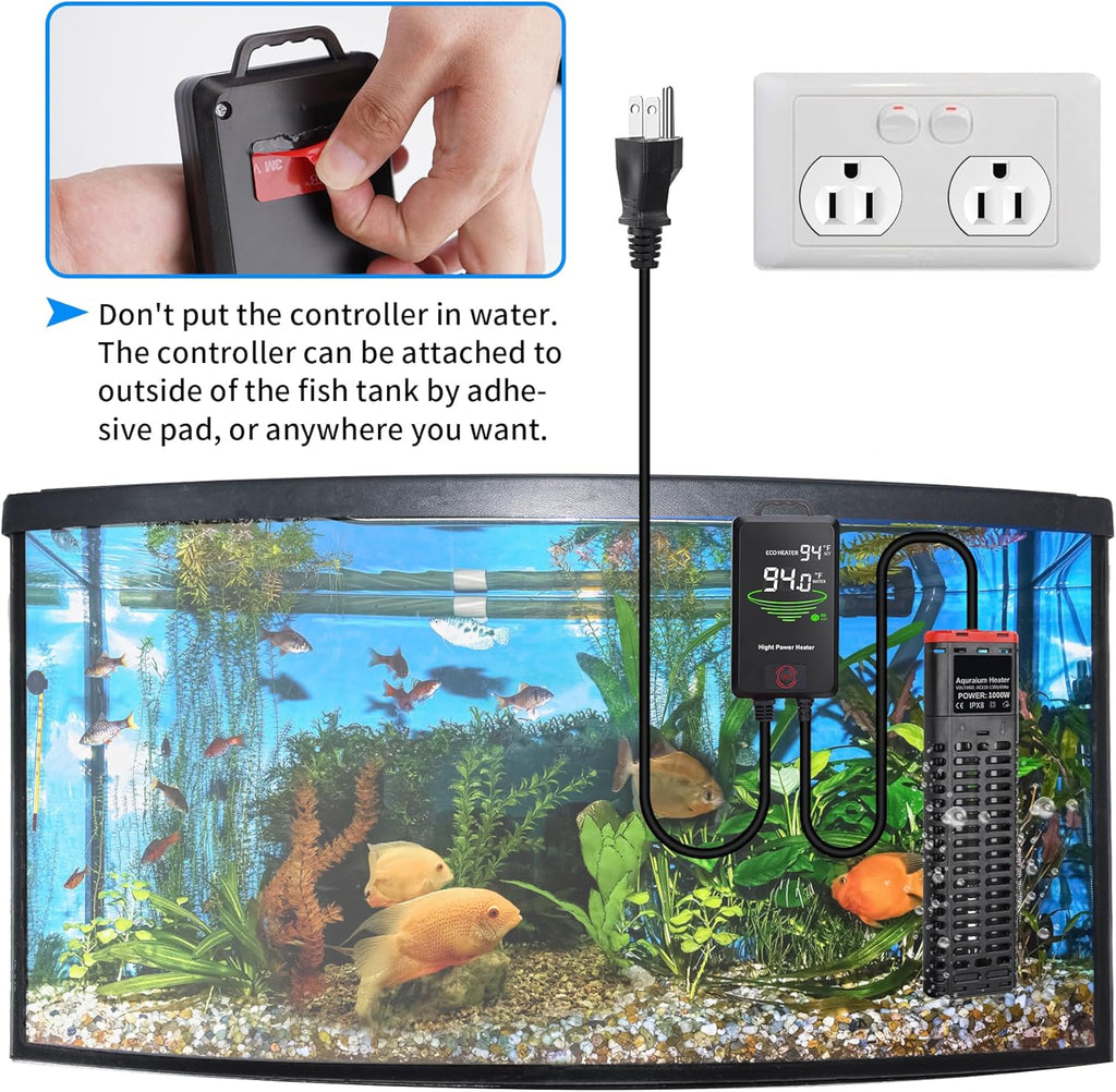 Aquarium Heater 1000W Submersible Fish Tank Heater with Double Quartz Tubes and LED Display Temperature Controller for 150-300 Gallon, Suitable for Saltwater and Freshwater