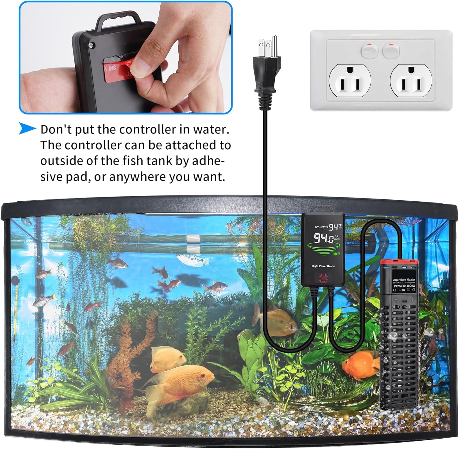 Aquarium Heater 1000W Submersible Fish Tank Heater with Double Quartz Tubes and LED Display Temperature Controller for 150-300 Gallon, Suitable for Saltwater and Freshwater