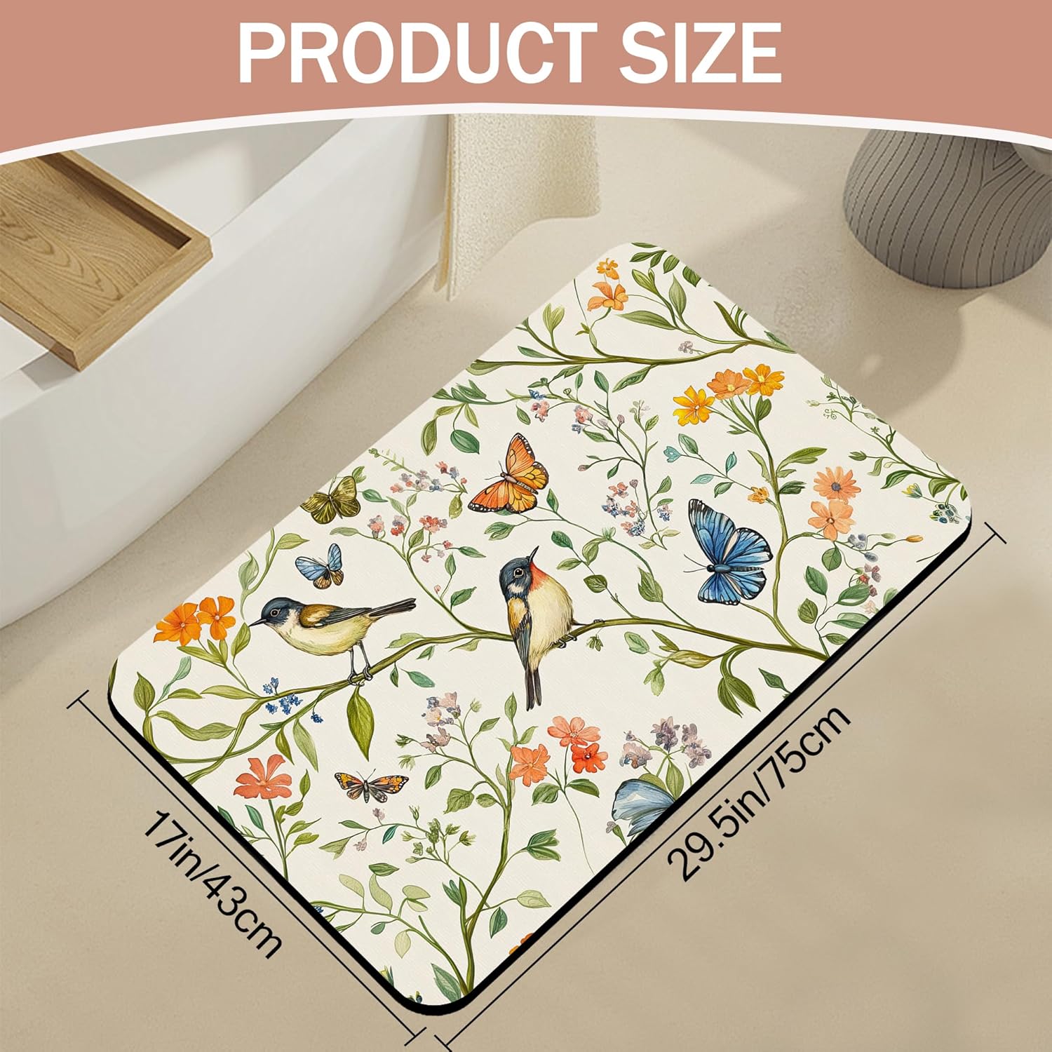 Diatomaceous Earth Bath Mat,Watercolor Birds Butterfly Bath Rugs,Non-Slip Thin Absorbent Fast Drying Easy to Clean for Bathroom Laundry Home Kitchen Door Mat 17x29.5Inch